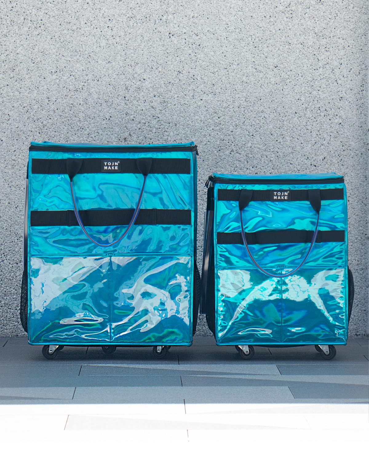 Reusable Grocery Bag On Wheels, Shopping Trolley, Rolling Tote with 8 Pockets and Zipper Cover, Foldable, Heavy Duty Handles, Carries Up to 46 LBS (Medium, Glitter Blue)