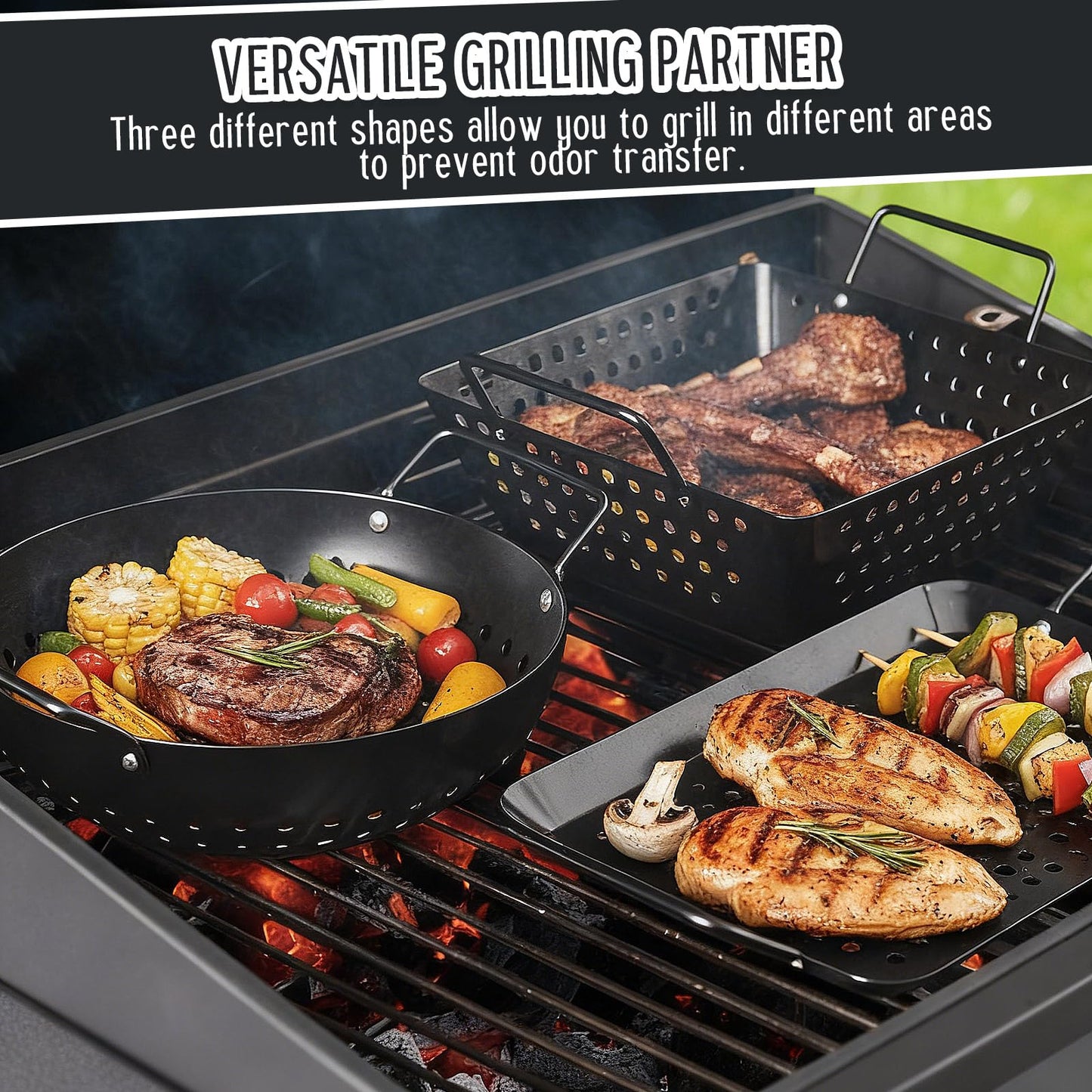 Teecyhooo 3 Pack Grill Topper Pans for Outdoor Grill, Stainless Steel Vegetables BBQ Grilling Basket with Holes Handles, Nonstick Barbecue Pan Grilling Gifts for Camping Picnic Cooking Seafood Meat