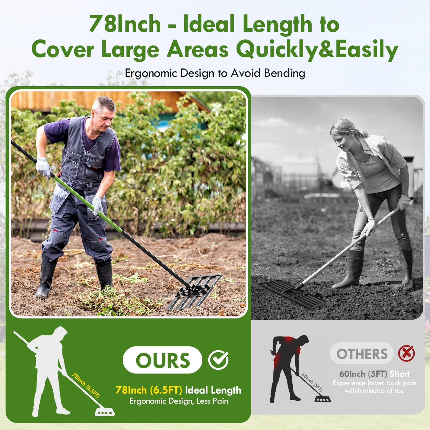Seeutek Lawn Leveling Rake, 35” x 10” Lawn Leveler with 6.5FT Stainless Steel Handle Rakes for Lawns, 0-180° Adjustable Ground Leveler Tool for Yard, Level Soil Sand Dirt Surfaces