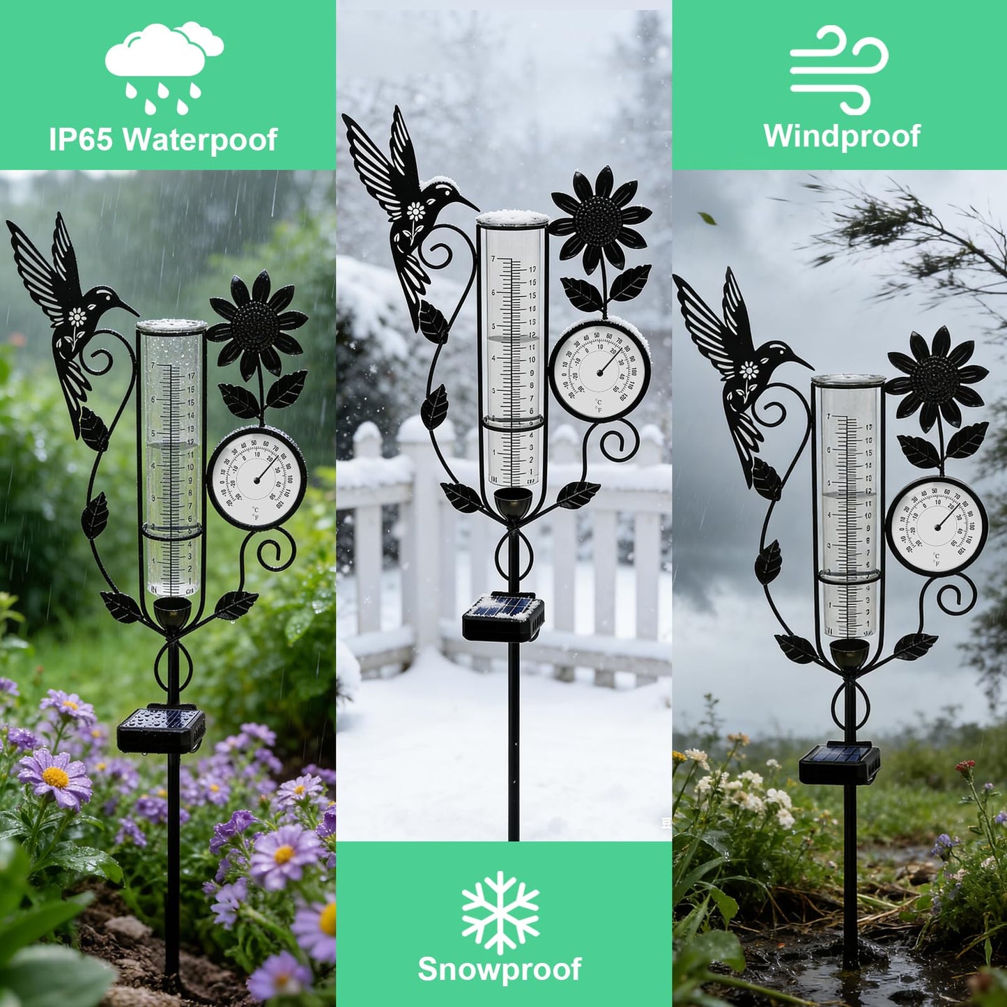 YJFWAL Hummingbird Rain Gauge Outdoor, Decorative Metal Sunflower Solar Rain Gauge with LED Light and Thermometer, Garden Decor for Yard, Lawn, Pathway, Farm