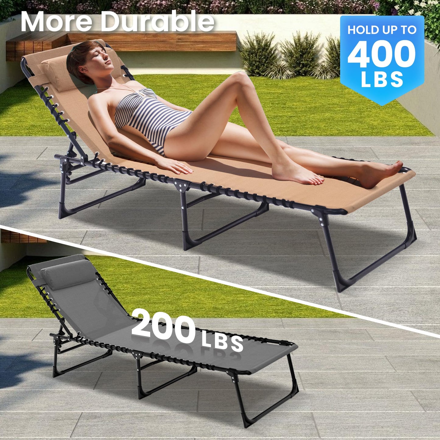 Foristrail 2 Pack Folding Chaise Lounge Chair 5-Position Adjustable Outdoor Recliner 400LB Capacity Portable Patio Camping Beach Pool Sunbathing Lounger with Pillow, Light Beige