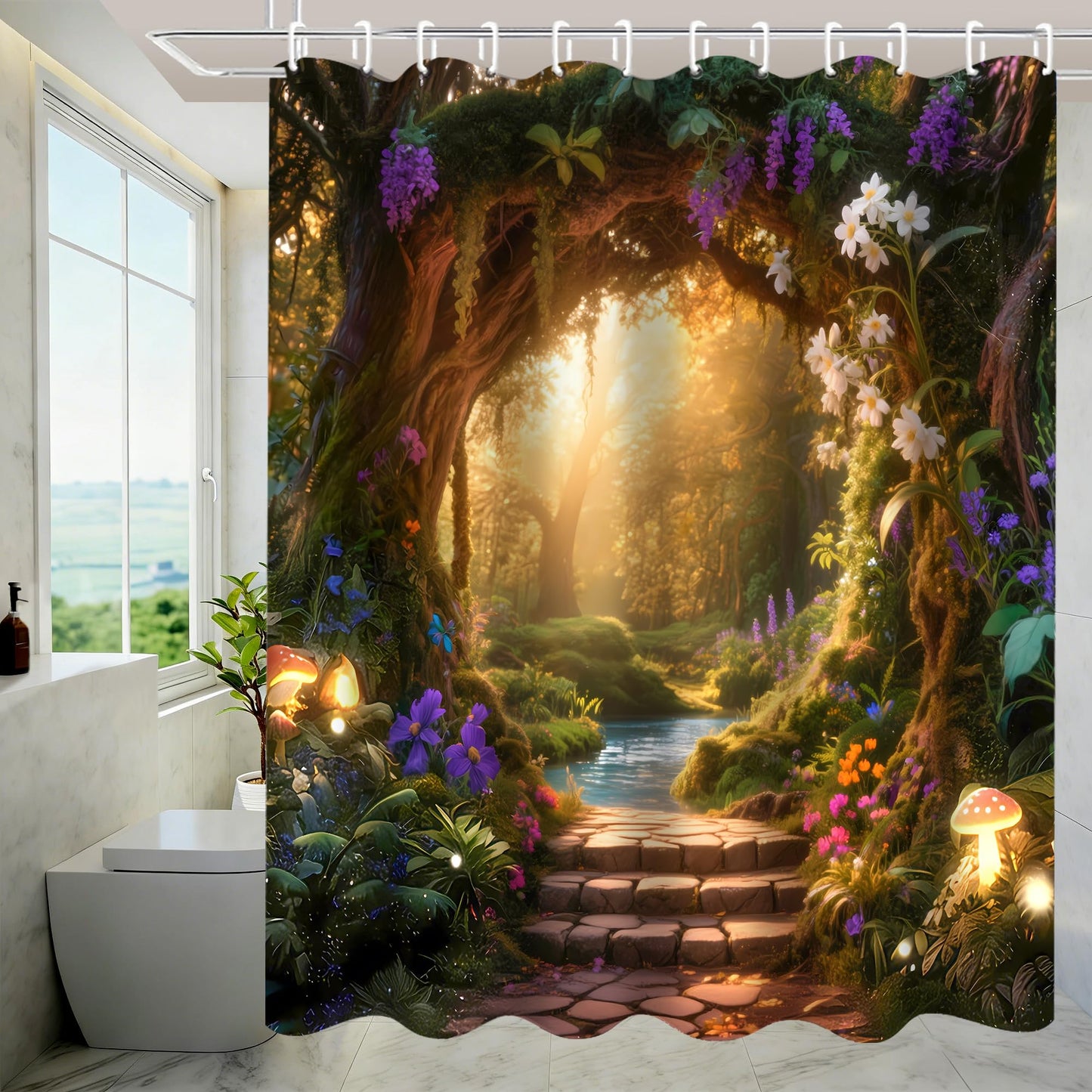 Nkzply 4 Pcs Enchanted Forest Shower Curtain Set Nature Garden Bathroom Sets with Shower Curtain and Rugs Mystical Woodland Shower Curtain Tree Hollow Bathroom Decor Accessories Toilet Lid Cover