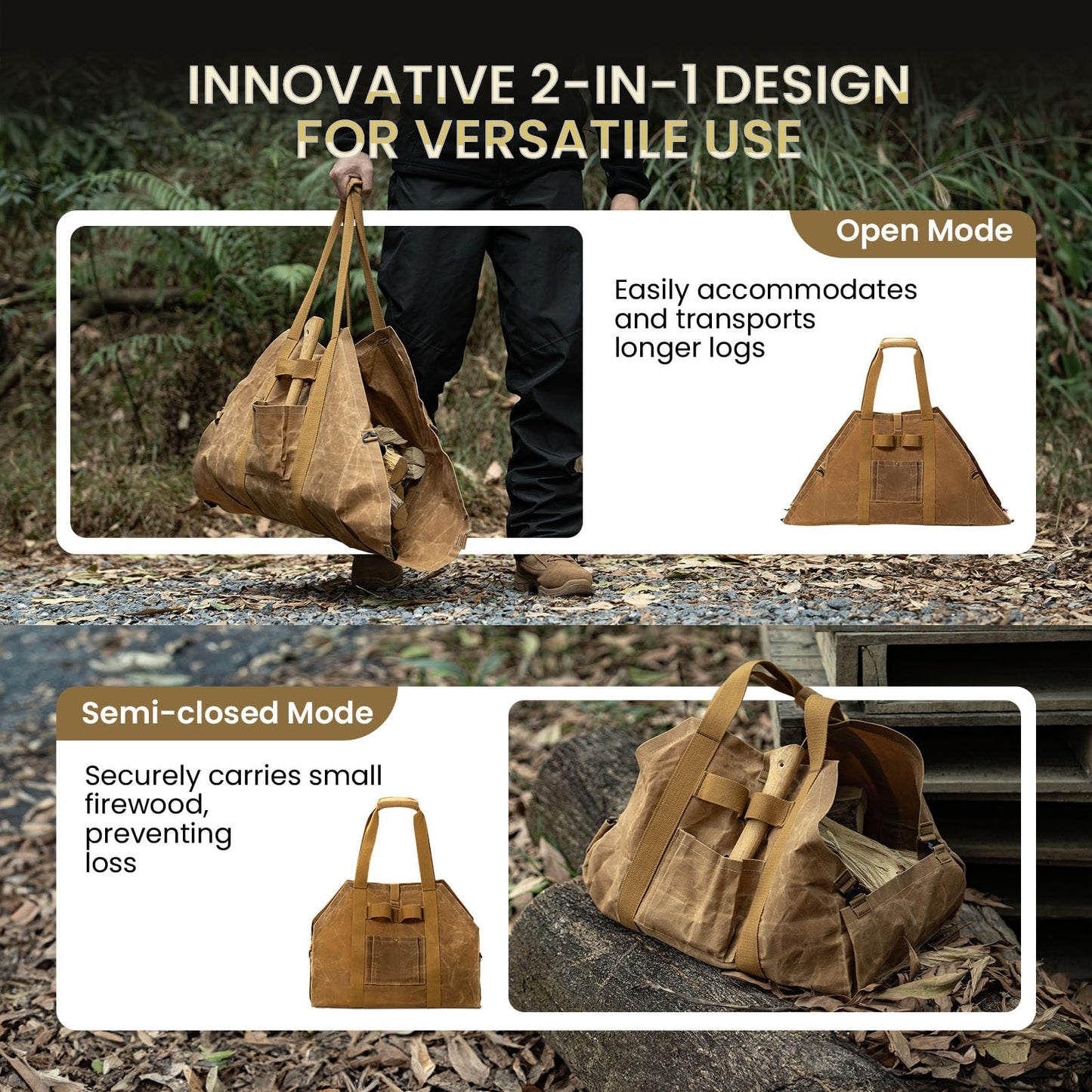 OneTigris Firewood Carrier, 2-in-1 Firewood Log Carrier Bag, Waxed Canvas Firewood Tote Carrier Extra Large Firewood Carriers with Handles for Fire Pit, Camping, Wood Stove, BBQ Barbecue
