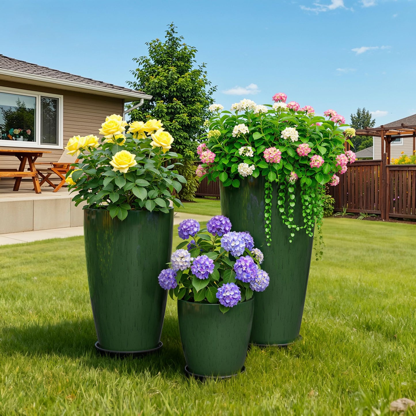 QCQHDU 24,21,11 inch Large Planters with Drainage Hole & Saucer, Set of 3 Plant Pots Tall Planter for Indoor & Outdoor Plants Home Modern Decor
