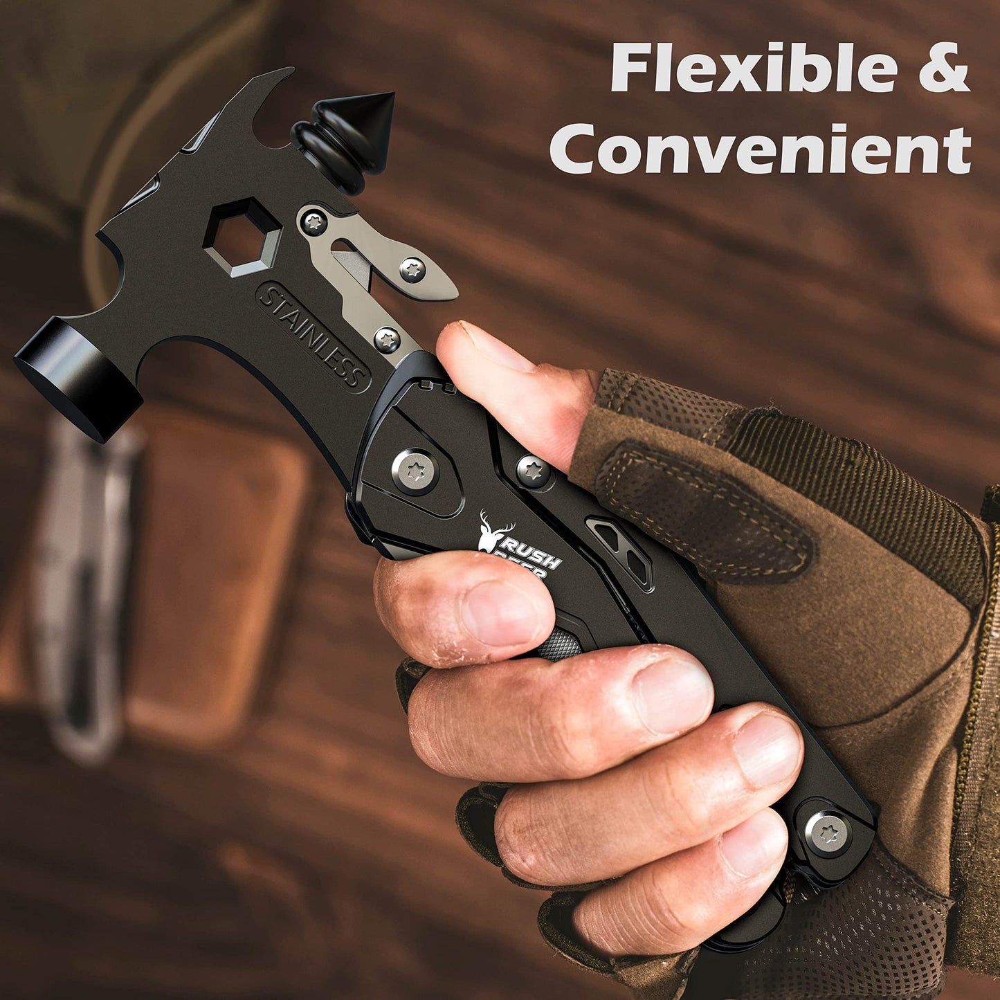 Rush Deer Camping Essentials Multitool,16 in 1 Multi Tool Survival Gear with Hammer, Pliers, Knife, Screwdrivers, Bottle Opener & Car Safety Hammer, for Camping, Hiking, Gift for Dad Him