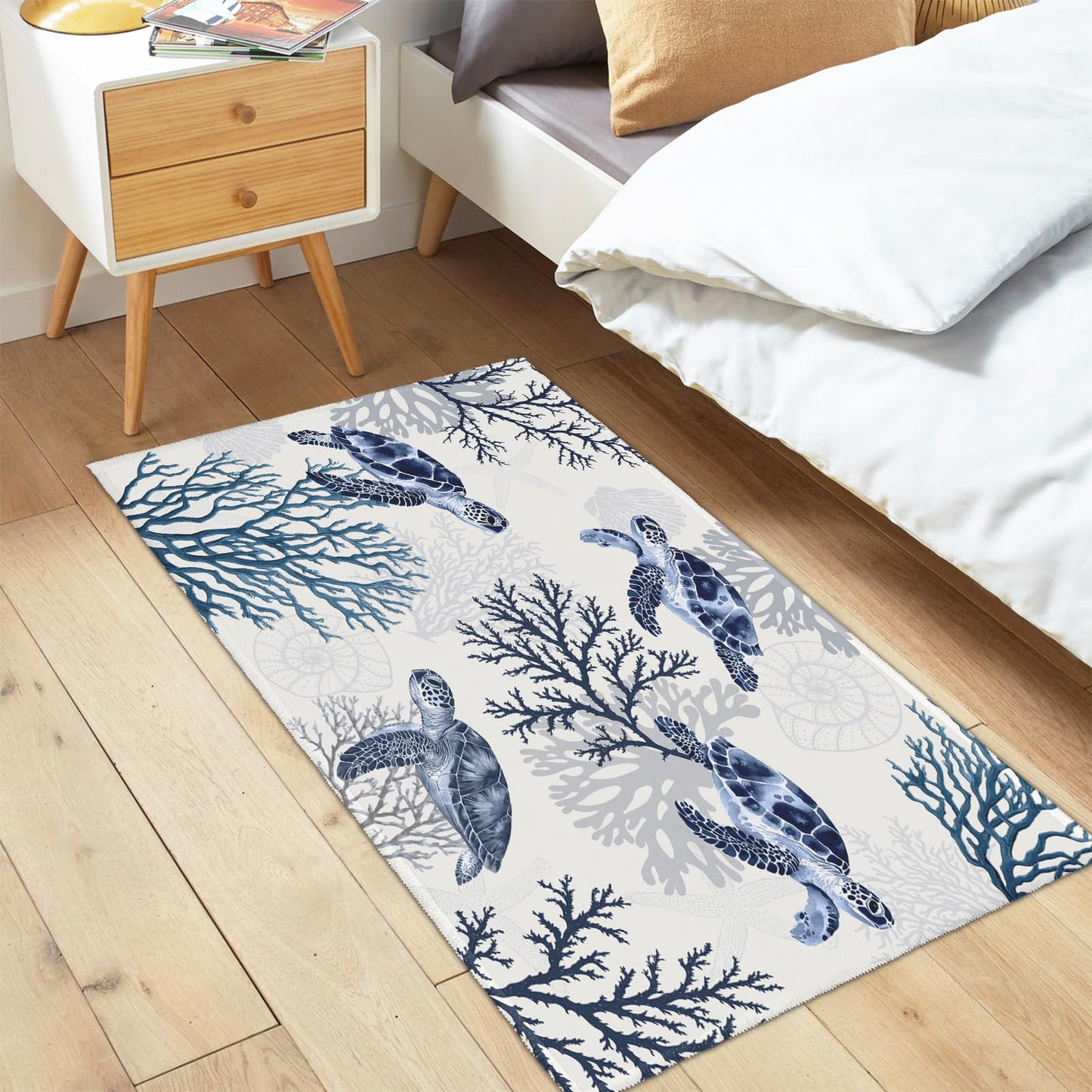 Wnoesat Summer Coastal Outdoor Door Mat 2x3 Nautical Coral Sea Turtle Entryway Area Rug Navy Blue Beach Theme Small Low Pile Front Doormat Washable Throw Rugs for Living Room Bedroom Kitchen
