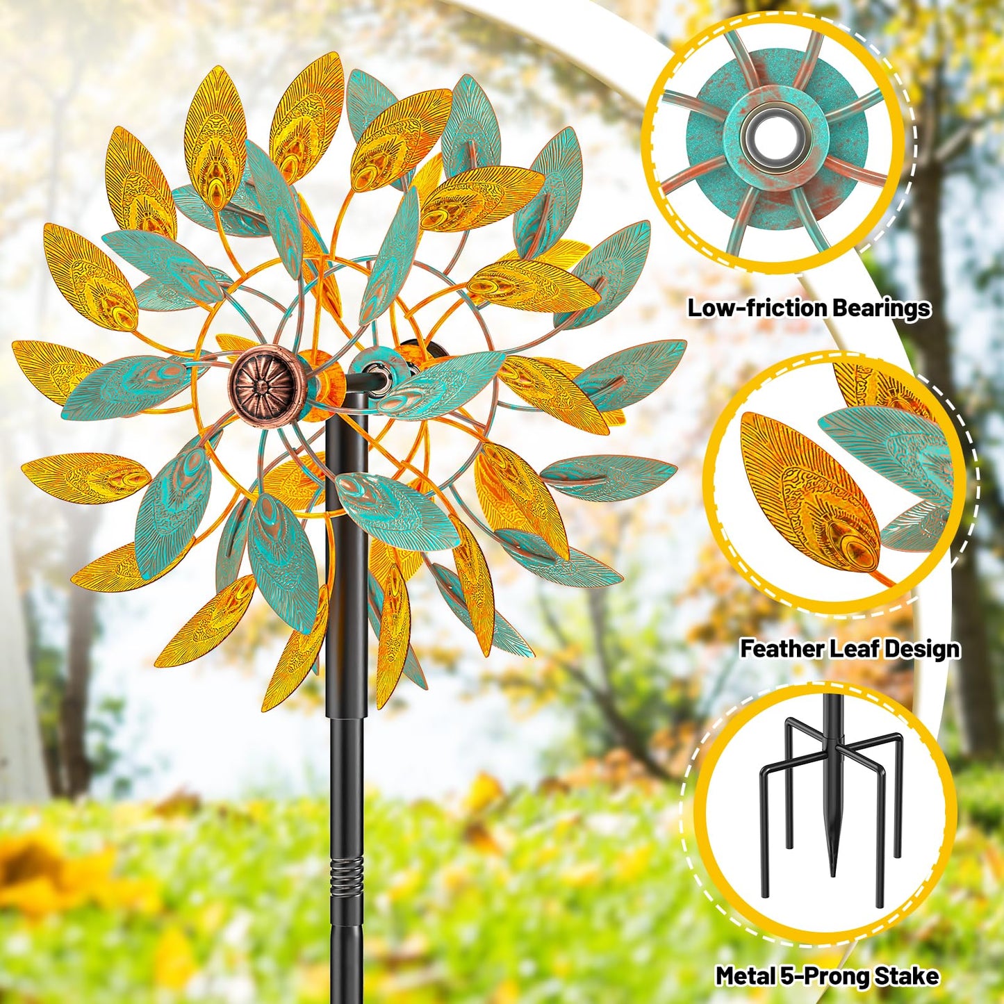 Metal Wind Spinners Outdoor, Kinetic Garden Wndmills,Yard Art Windmill with Metal Stake,Vintage Wind Sculptures & Spinners,Waterproof Pinwheels Large Wind Mill for Patio Lawn Yard Garden (Yellow+Blue)