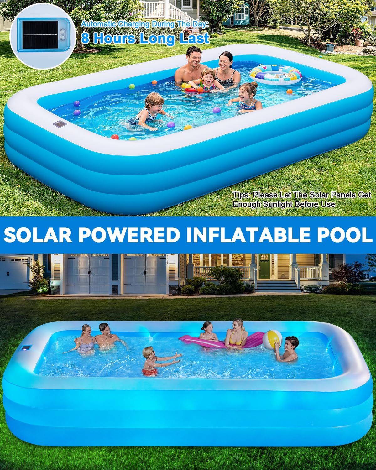 Large Inflatable Pool for Adults,130" x 72" x 22" Thickened Blow Up Pool with Lights & Pump, 7 Color Changed Durable Above Ground Family Swimming Pool for Backyard Outdoor Garden
