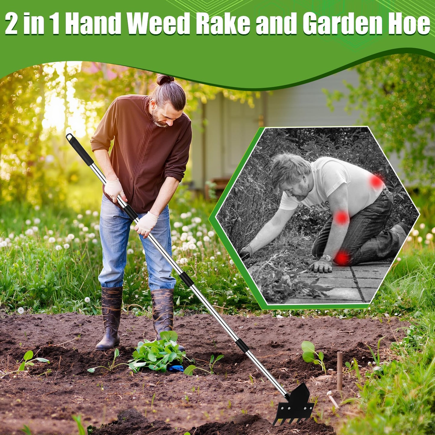 Poiyham 2-in-1 Hoe Garden Tools, 17-58" Weed Puller Tool with Long Handle, Heavy Duty Handle Garden Hoe and Weed Rake, Hoes for Gardening Yards Lawns Gardens Weeding