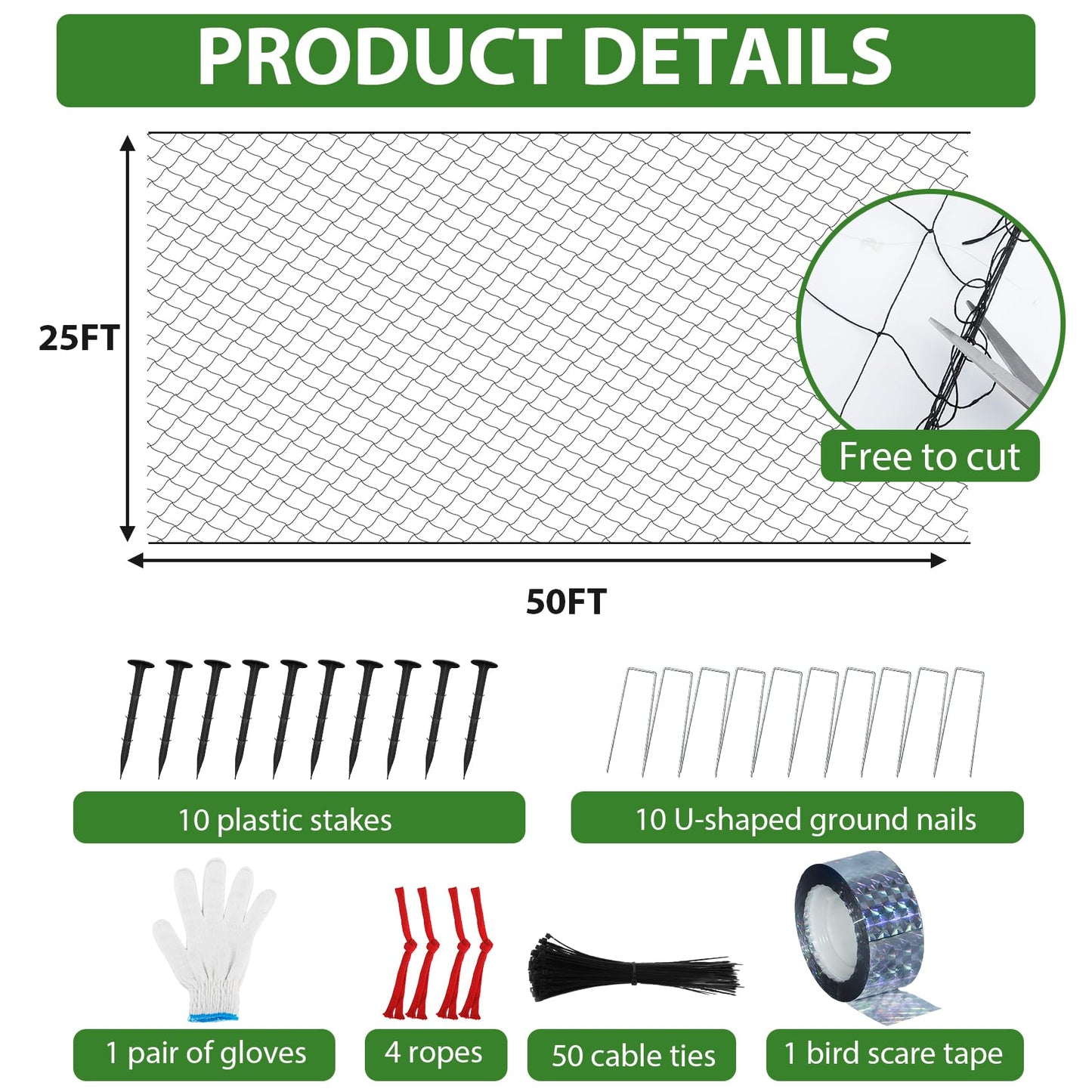 Unves Bird Netting 25' x 50' with 2.4" Square Mesh Bird Net for Chicken Coop, Heavy Duty Nylon Poultry Netting for Garden Protect Fruit Trees, Vegetables and Plants Against Birds, Deer