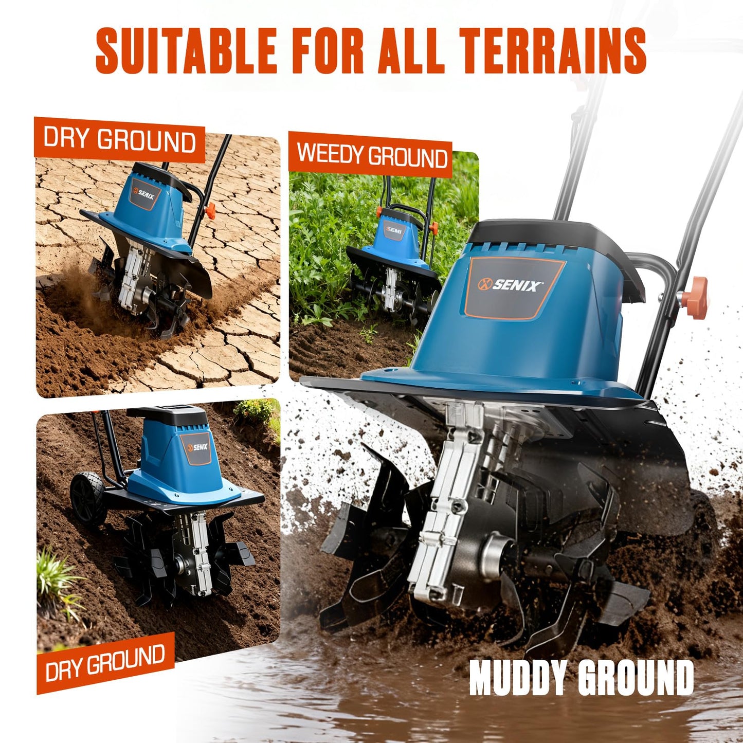SENIX Electric Corded Garden Tiller & Cultivator, Steel Tines, 8 Amp, 12″ Till Width,8″ Till Width 3-Position Wheel Adjustment-Heavy Duty Gardening Machine Equipment for Lawn, Yard, & Grass