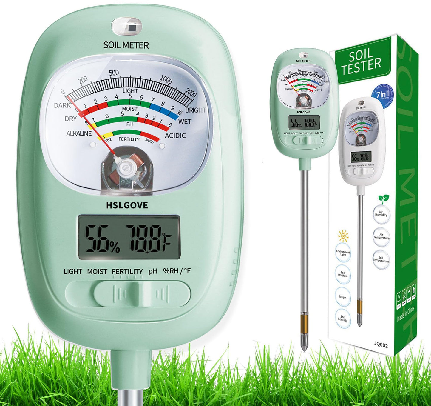 HSLGOVE Soil Test Kit, 7-in-One Soil Moisture Meter/Soil PH Meter/Fertility, Dual Screen Soil Tester w/Digital Soil Temp/Air Temp&Humidity for Plants Gardening,Lawn,Farm Indoor&Outdoor-Mint Green