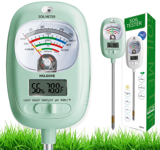 HSLGOVE Soil Test Kit, 7-in-One Soil Moisture Meter/Soil PH Meter/Fertility, Dual Screen Soil Tester w/Digital Soil Temp/Air Temp&Humidity for Plants Gardening,Lawn,Farm Indoor&Outdoor-Mint Green