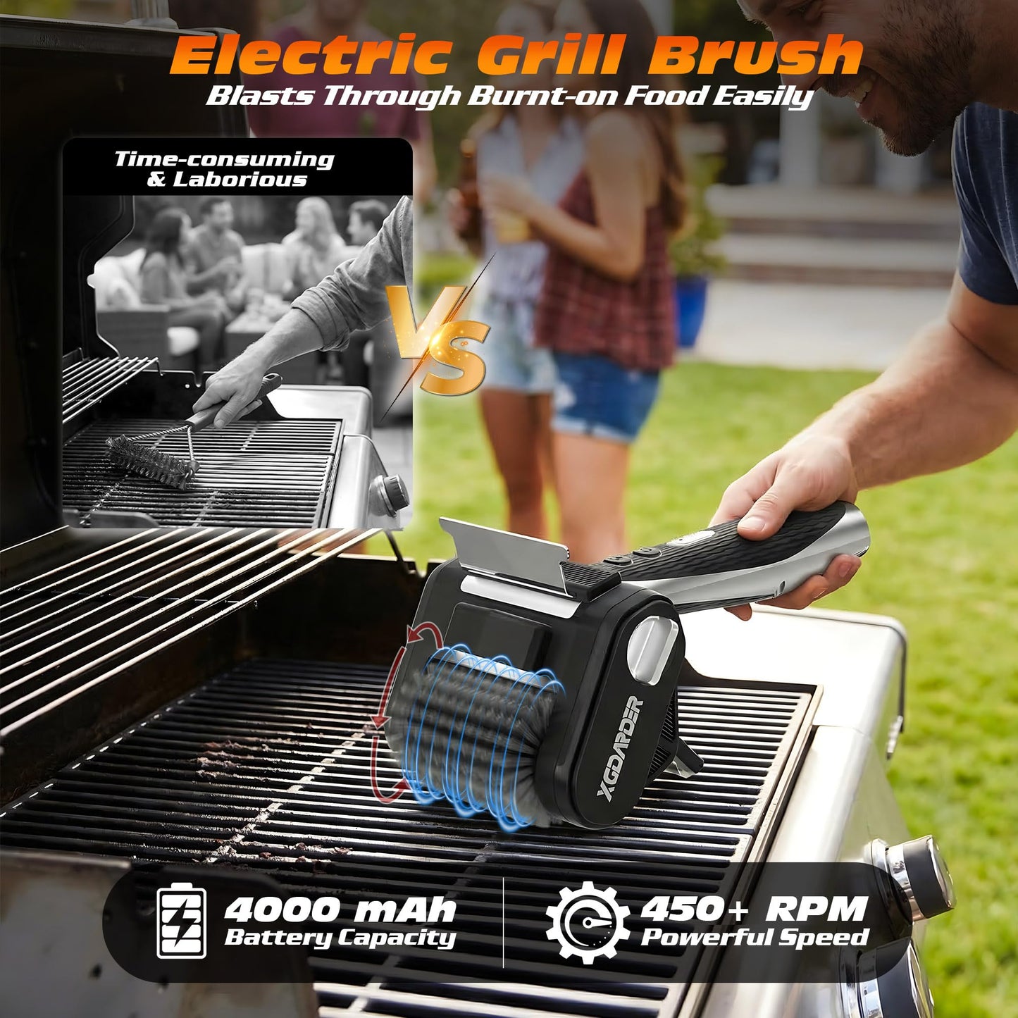 Electric Grill Brush for Outdoor Grill, Rechargeable BBQ Grill Cleaner Stainless Steel Brush with 450RPM Stainless Roller,LED Light, Scraper,Grilling Gifts for Men/Dad