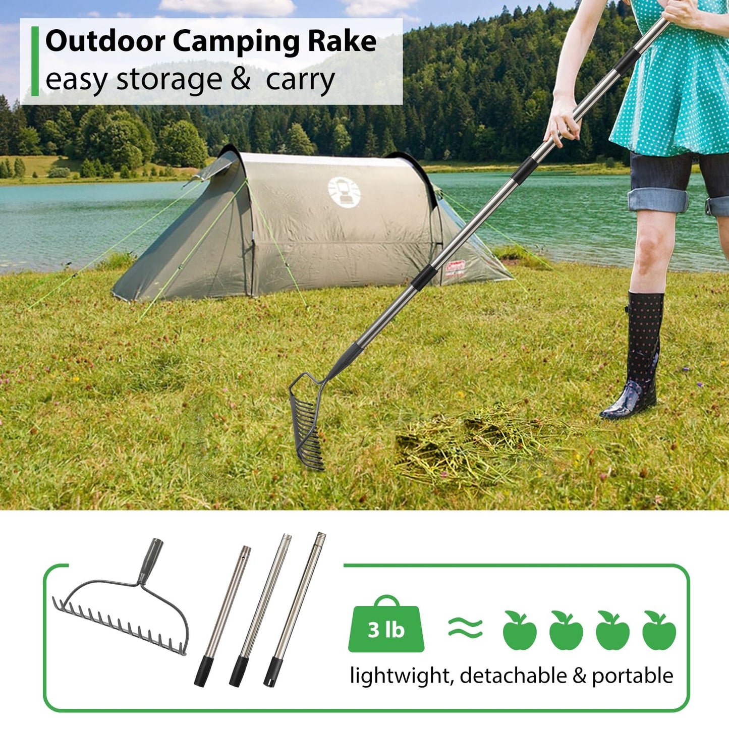 Rake for Leaves, Garden Bow Rake for Lawns Heavy Duty, 5 ft Back-Saving Long Handle, 14 Metal Tines, Yard Gardening Tools for Loosen Soil, Clear Gravel Grass Rock, Level Mulch