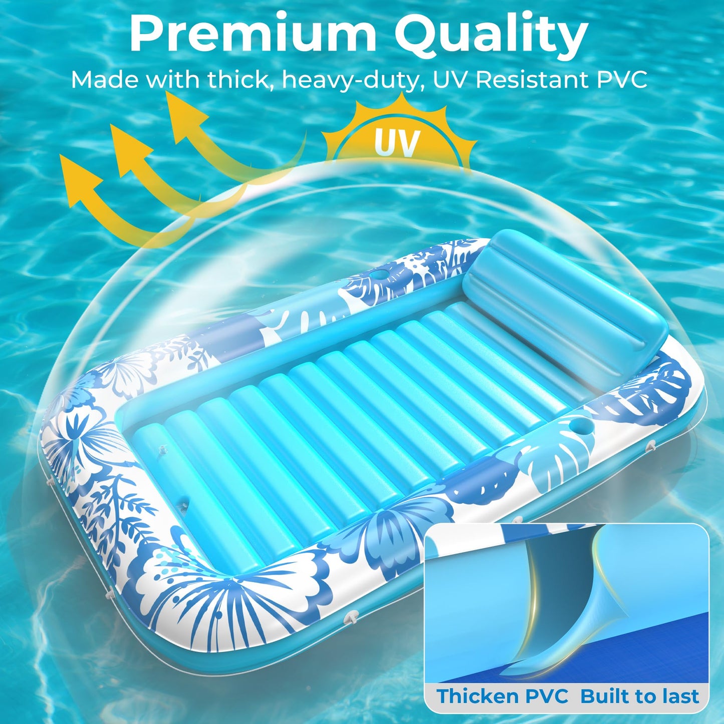 Inflatable Tanning Pool Lounger Float with Protection Tarp, 70" x 46" Pool Floats Adult with Pillow, 6 in 1 Suntan Tub Raft Floatie, Sunbathing Water Bed Lounge Blow Up Kids Ball Pit Party Gifts-Blue
