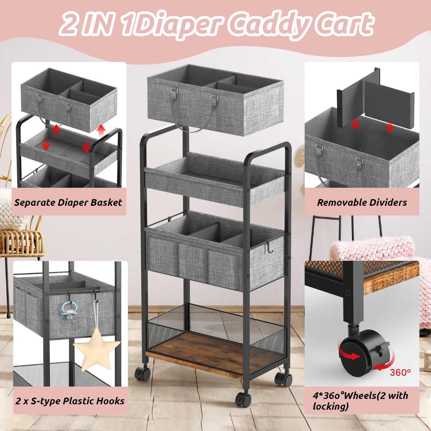 LIDTOP 2In1 Baby Diaper Caddy & 3-Tier Rolling Diaper Cart, Diaper Caddy Organizer Cart with Dividers, Mobile Metal Utility Cart for Nursery Essentials, Detachable Bedside Cart, Large Capacity