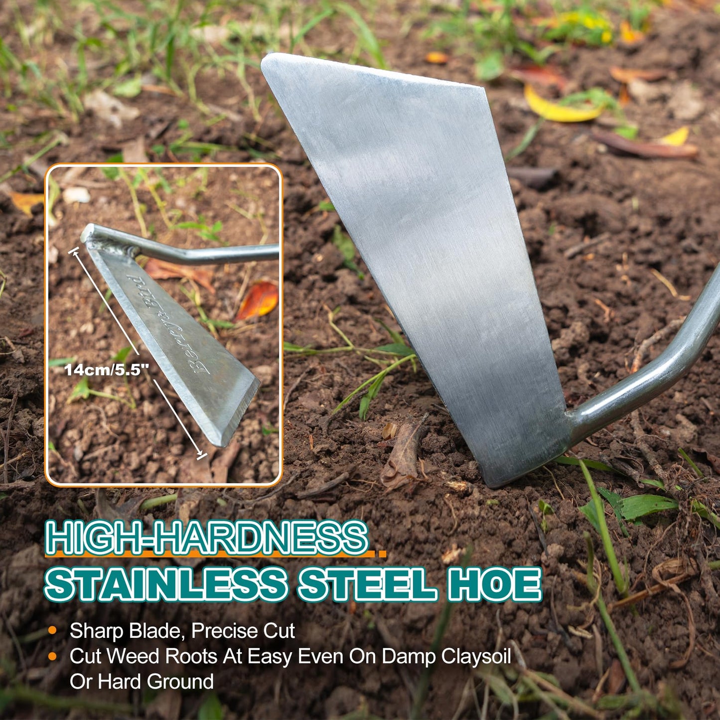 Berry&Bird Swoe Garden Hoe, 61.8'' Stainless Steel Long Handled 3 Edge Hoe with Wooden Hand, Mini Angled/Warren Hoe, Soil Cultivator Weeding Tool for Grass Flower Backyard