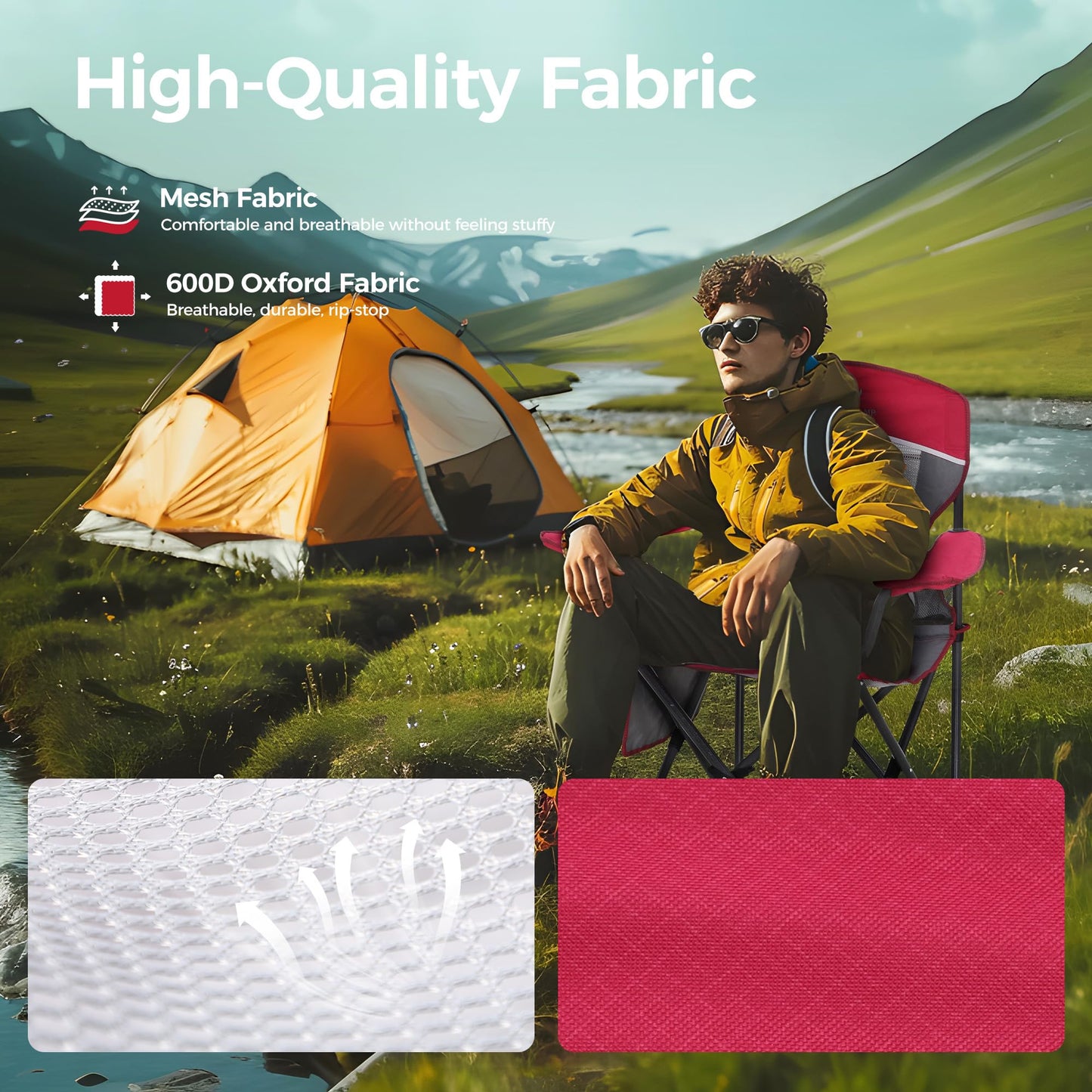 ALPHA CAMP 2PC Oversized Mesh Back Camping Folding Chair Heavy Duty Support 350 LBS Collapsible Steel Frame Quad Chair Padded Arm Chair with Cup Holder Portable for Outdoor (Red-2PC)