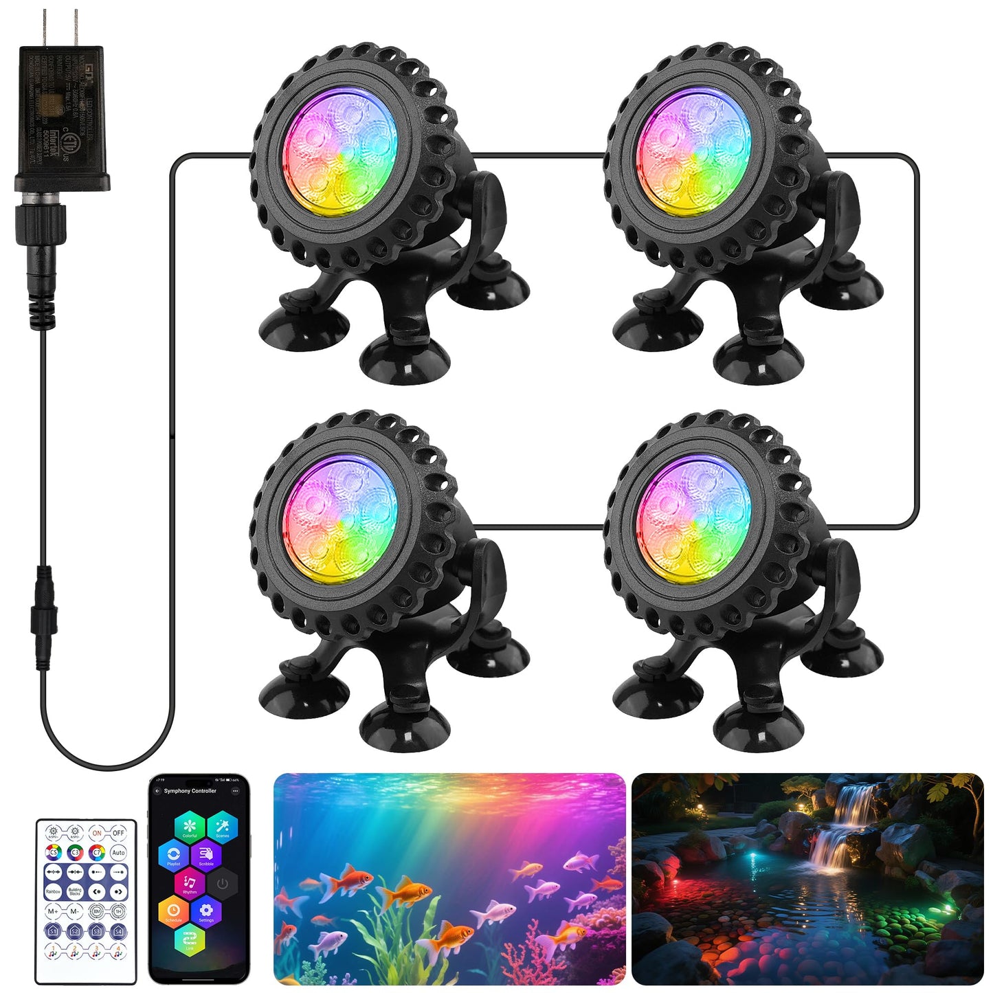 T-SUN Underwater LED Pond Lights – IP68 Waterproof Submersible Fountain Lights with App & Remote Control, 16M Colors Underwater Lighting for Koi Ponds/Garden Water Features Aquarium (4-Pack)
