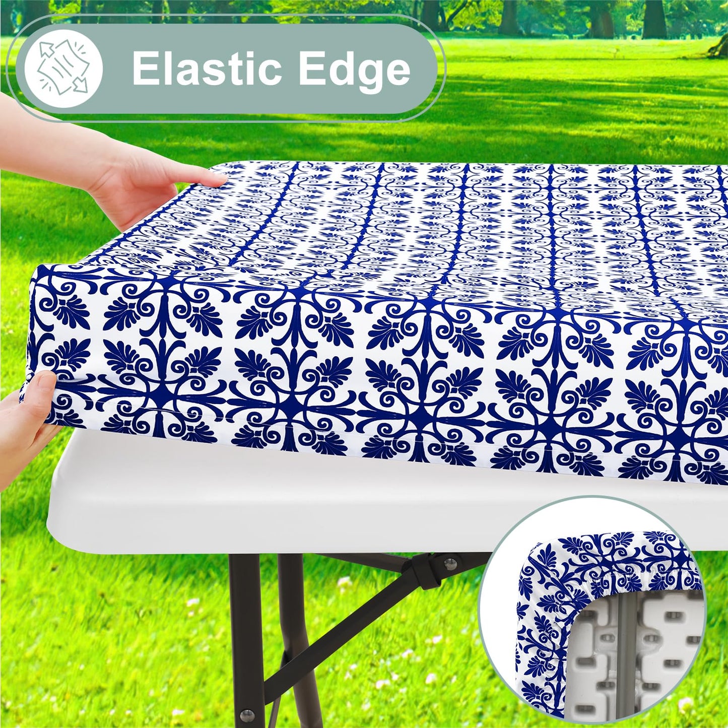 misaya 2 Pack 6 Foot Rectangle Picnic Tablecloth, Elastic Fitted Waterproof Table Cover, Windproof Washable Polyester Table Cloth for Camping, Indoor and Outdoor (Navy, 30" x 72")