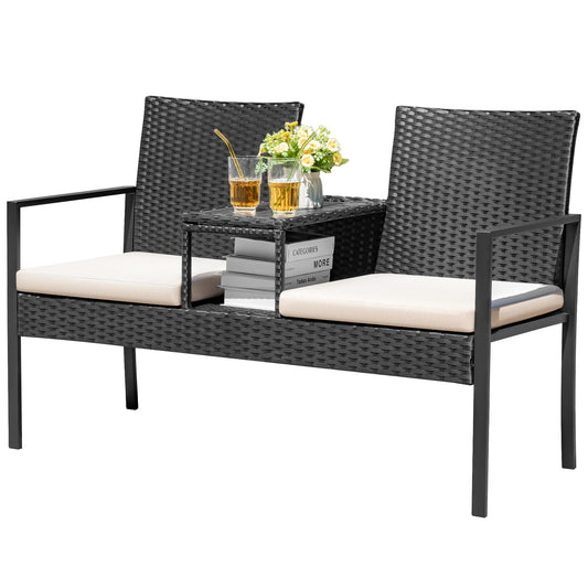 Devoko Patio Conversation Sets Outdoor Loveseat with Built-in Table & Cushions Wicker Patio Furniture Porch Chairs Bench for Lawn, Backyard, Balcony (Beige)
