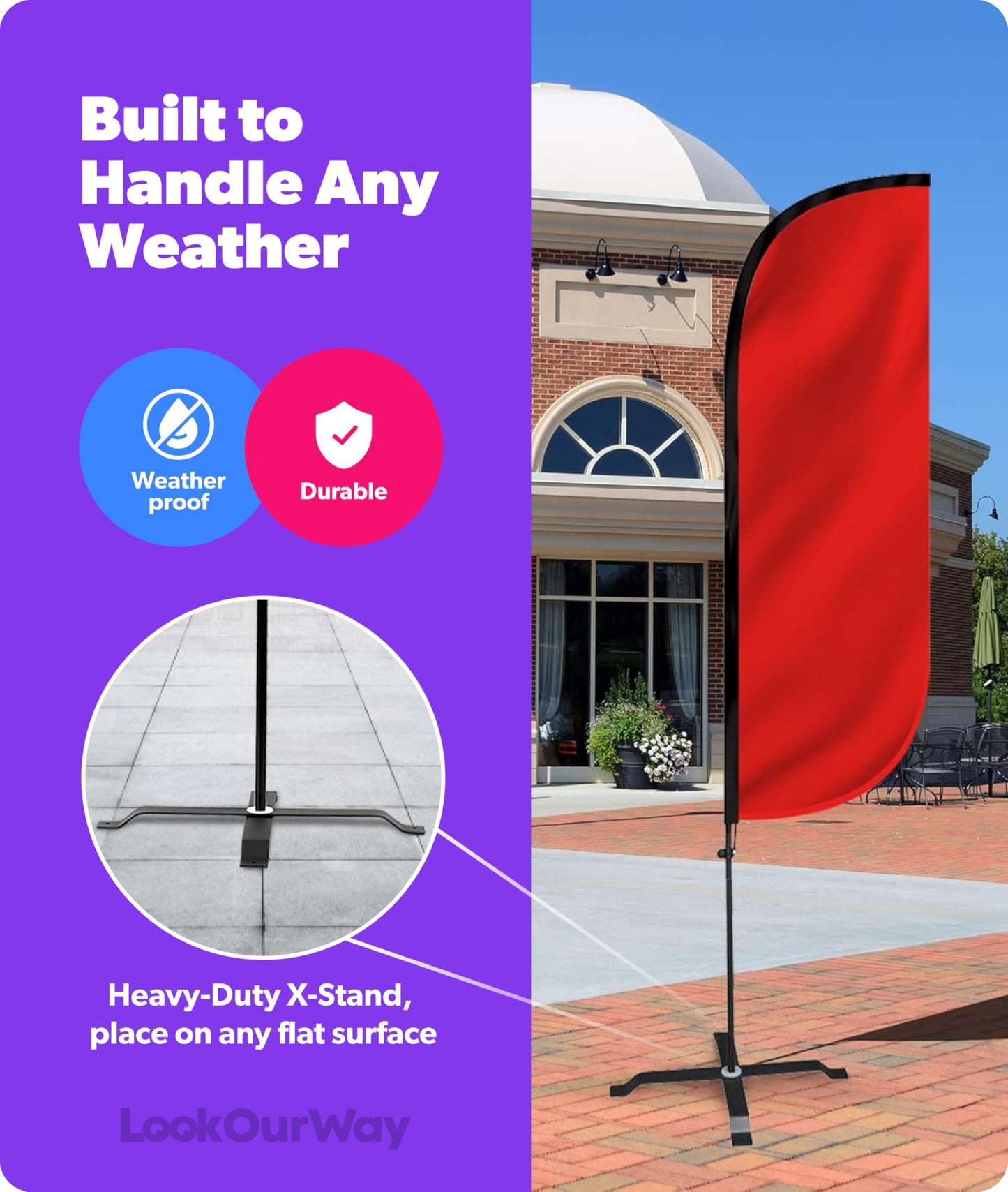 LookOurWay Feather Flag Set - 5ft Tall Advertising Banner Flag with Pole Kit and X-Stand for Business Promotion - Solid Color Red