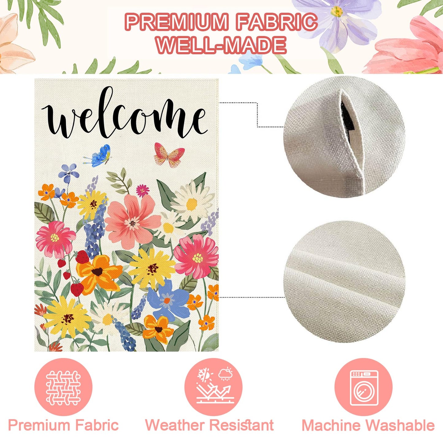 Baccessor Spring Summer Welcome House Flag Double Sided 28x40 Inch Burlap,Floral Butterflies Large Garden Flag Porch Patio Front Entry Yard Seasonal Farmhouse Outside Outdoor Decor
