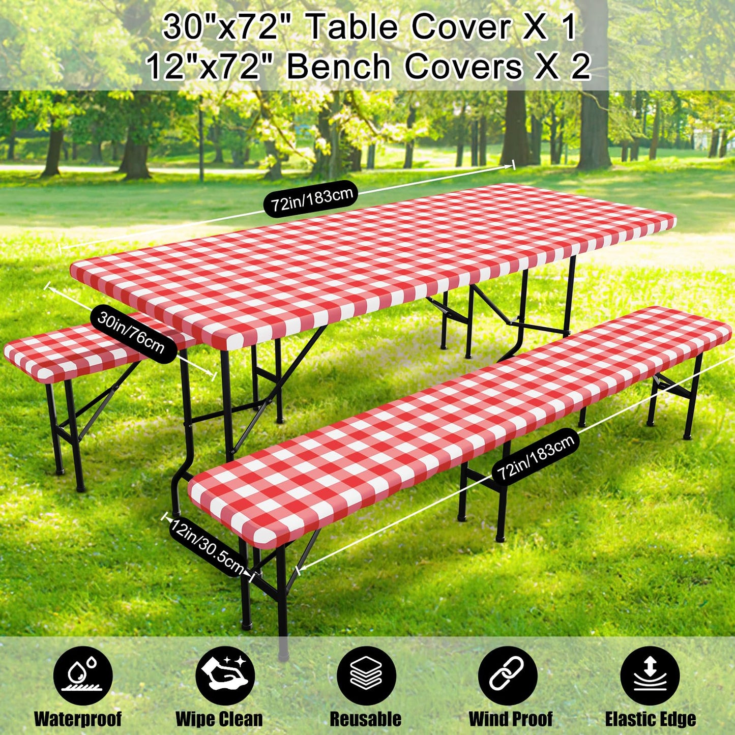 Smiry Picnic Table Cover with Bench Covers, Waterproof Elastic Fitted Tablecloths for 6 Foot Rectangle Tables, Washable Buffalo Plaid Tablecloth for Camping & Christmas(Red & White, 30"x72")
