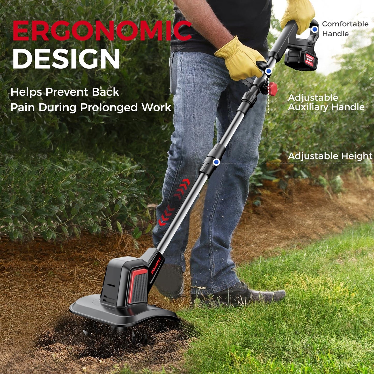 SOARFLY Upgraded Cordless Electric Tiller for Gardening, Total 8.0Ah Battery Powered Mini Cultivator with 2×4.0AH Batteries, 9" Width, 6.6" Depth, 48 Steel Tines Rototiller for Soil Cultivation