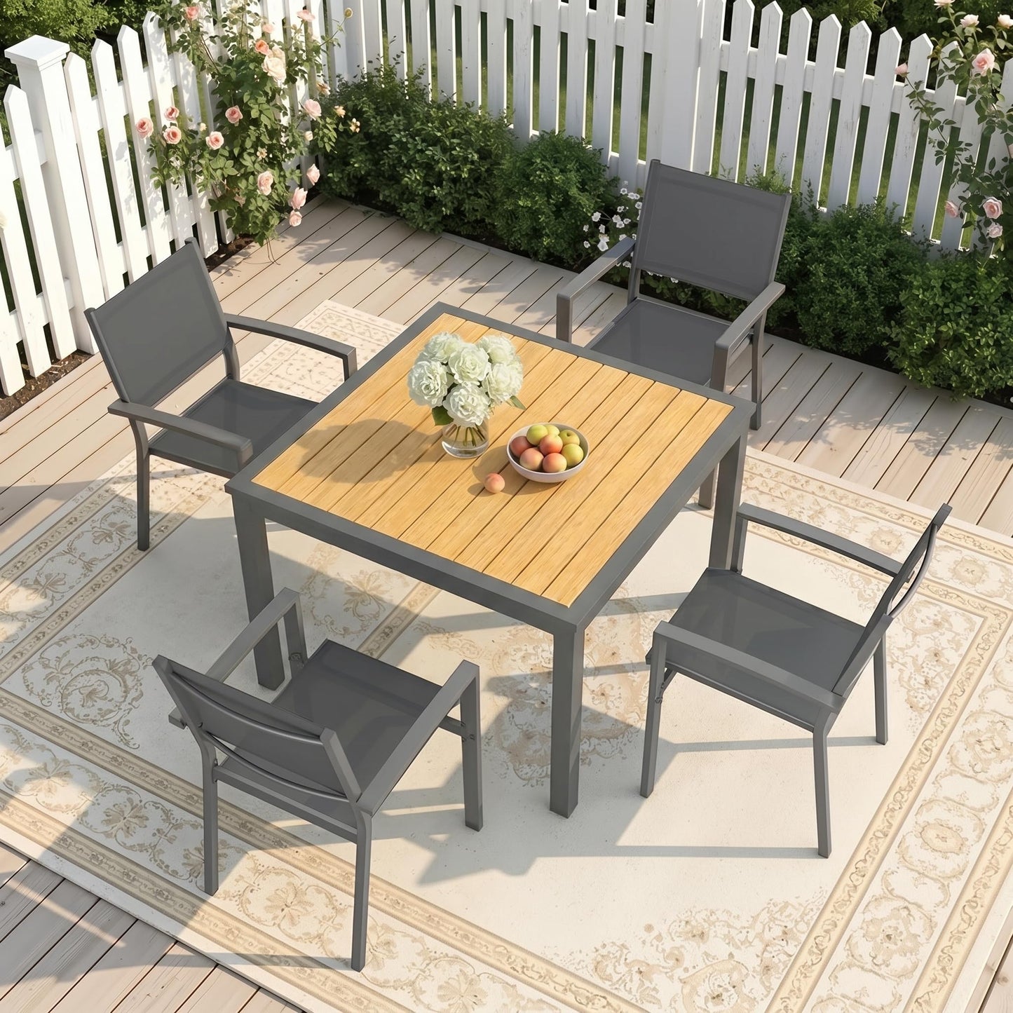 Wisteria Lane Patio Table and Chairs for 4, Outdoor Patio Dining Furniture Set with Aluminum Table and Metal Textilene Chairs, All-Weather Patio Table Set with HDPS Square Tabletop for Garden Porch