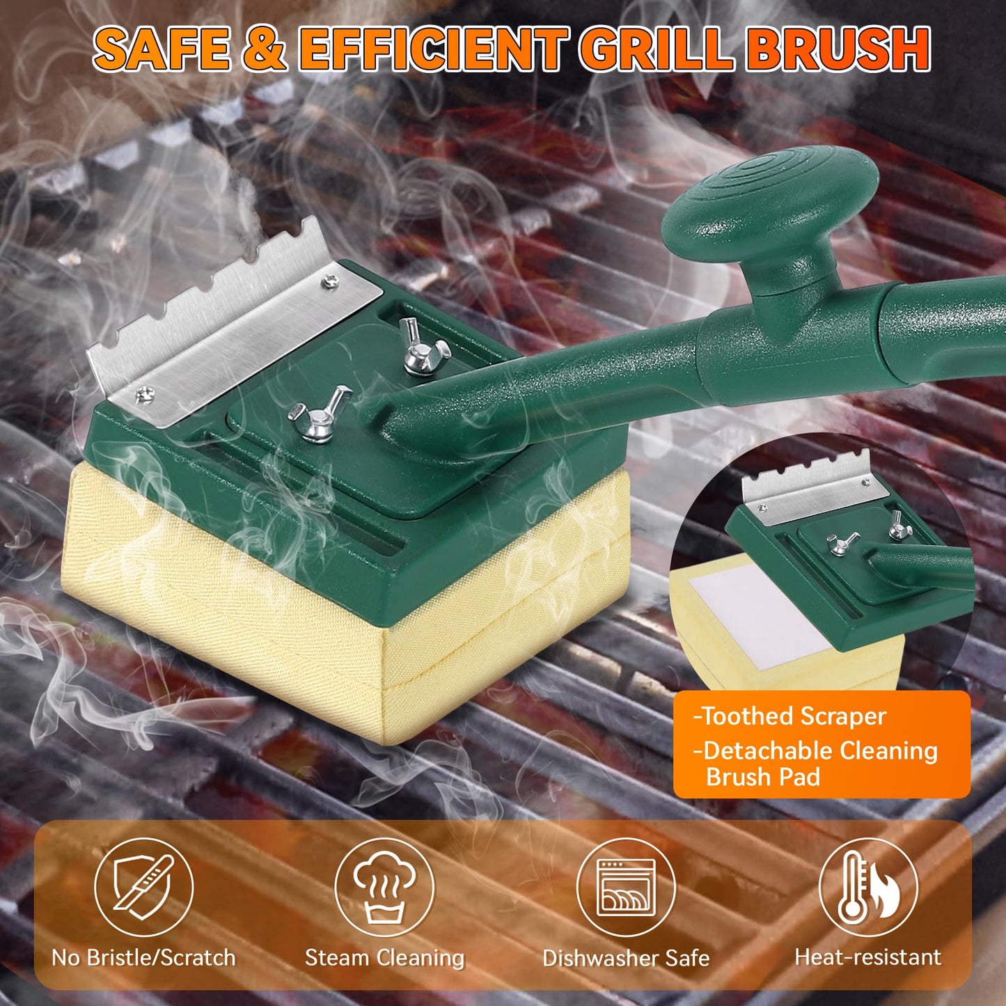 Grill Brush Bristle Free with Scraper,22" Extra Long Steam Grill Brush for Outdoor Grill,Replaceable Cleaning Head,Safe Grill Cleaner for Cast Iron/Stainless-Steel Grates,Ideal BBQ Gifts for Men Dad