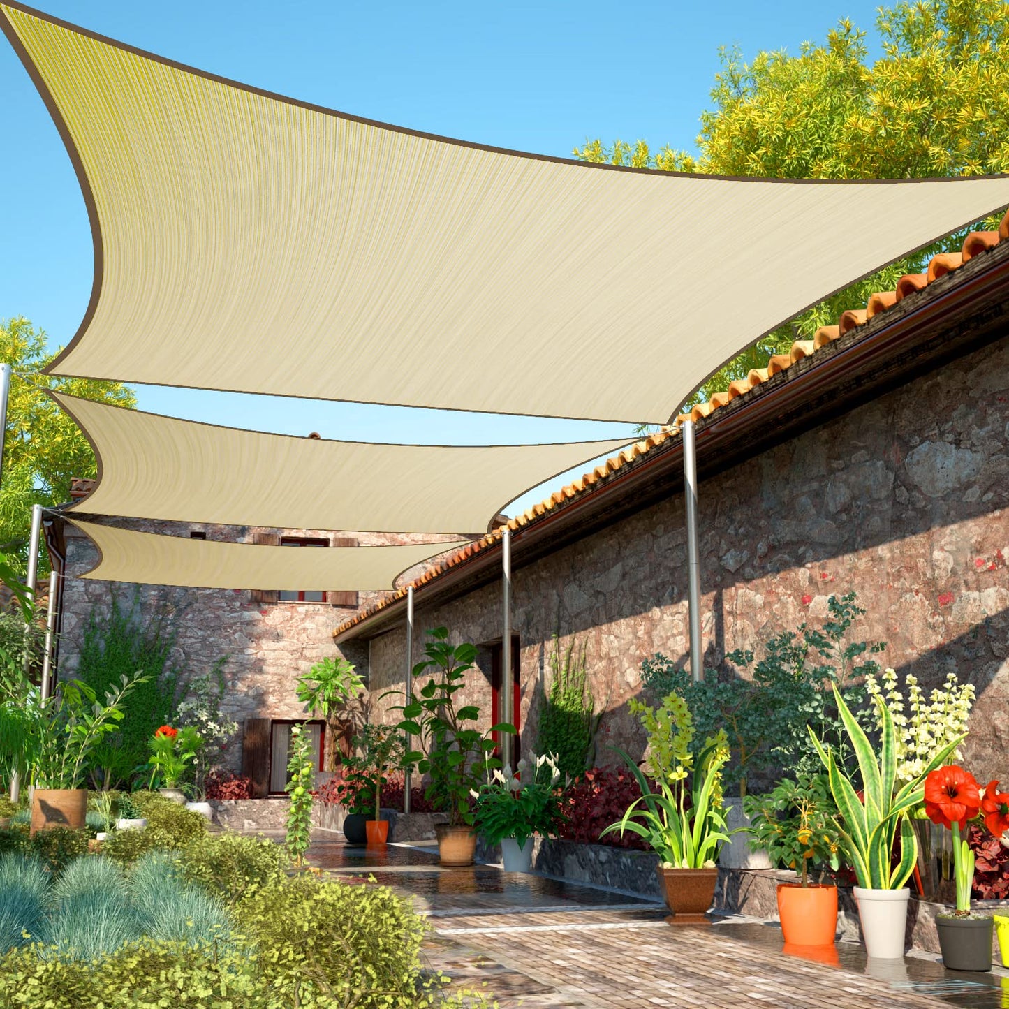 ShadeMart 12' x 18' Beige Sun Shade Sail UPF50 Rectangle Canopy Fabric Cloth Screen smTAPR1218, Water and Air Permeable & UV Resistant, Heavy Duty, Carport Patio Outdoor - (We Customize Size)