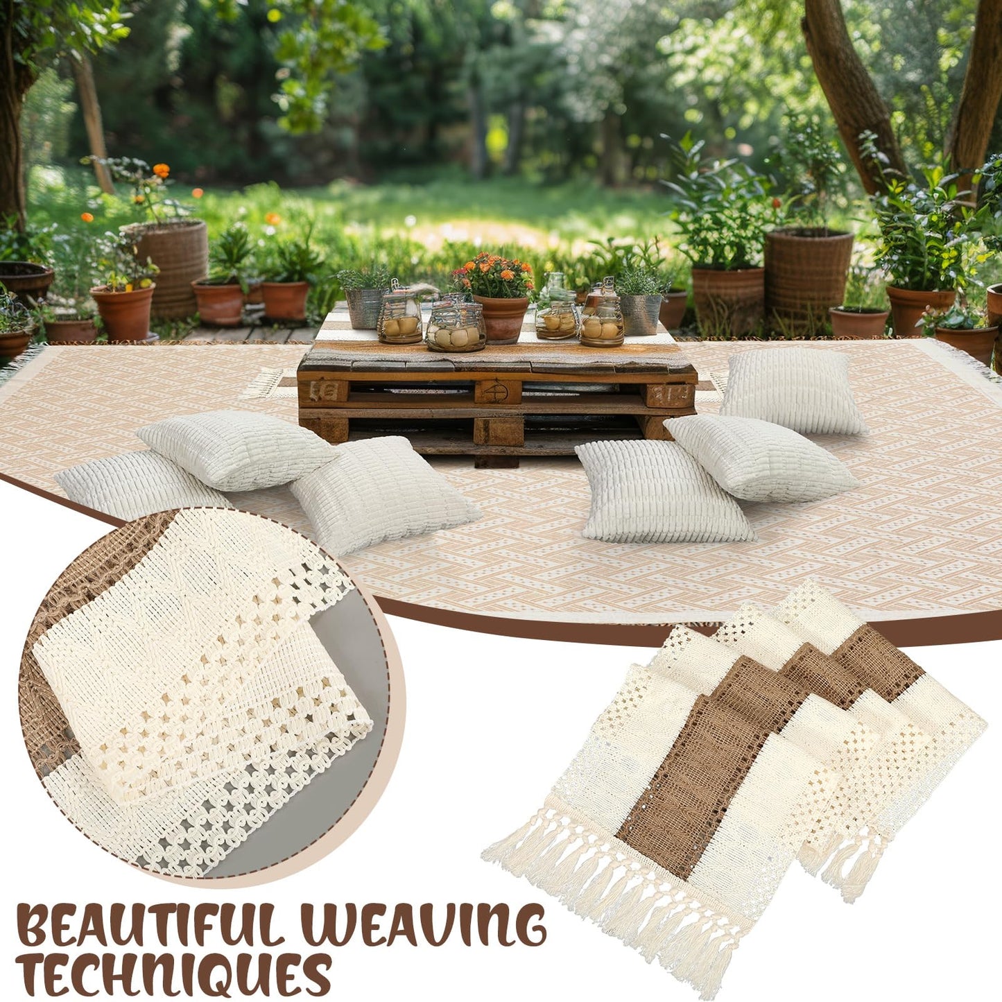 Beeveer Extra Large Outdoor Boho Picnic Blanket 181'' x 71'' Beige White Table Runner 6 Throw Pillow Cover Woven Cotton Yarn Oversize Beach Blanket Washable for Picnic Camp Wedding