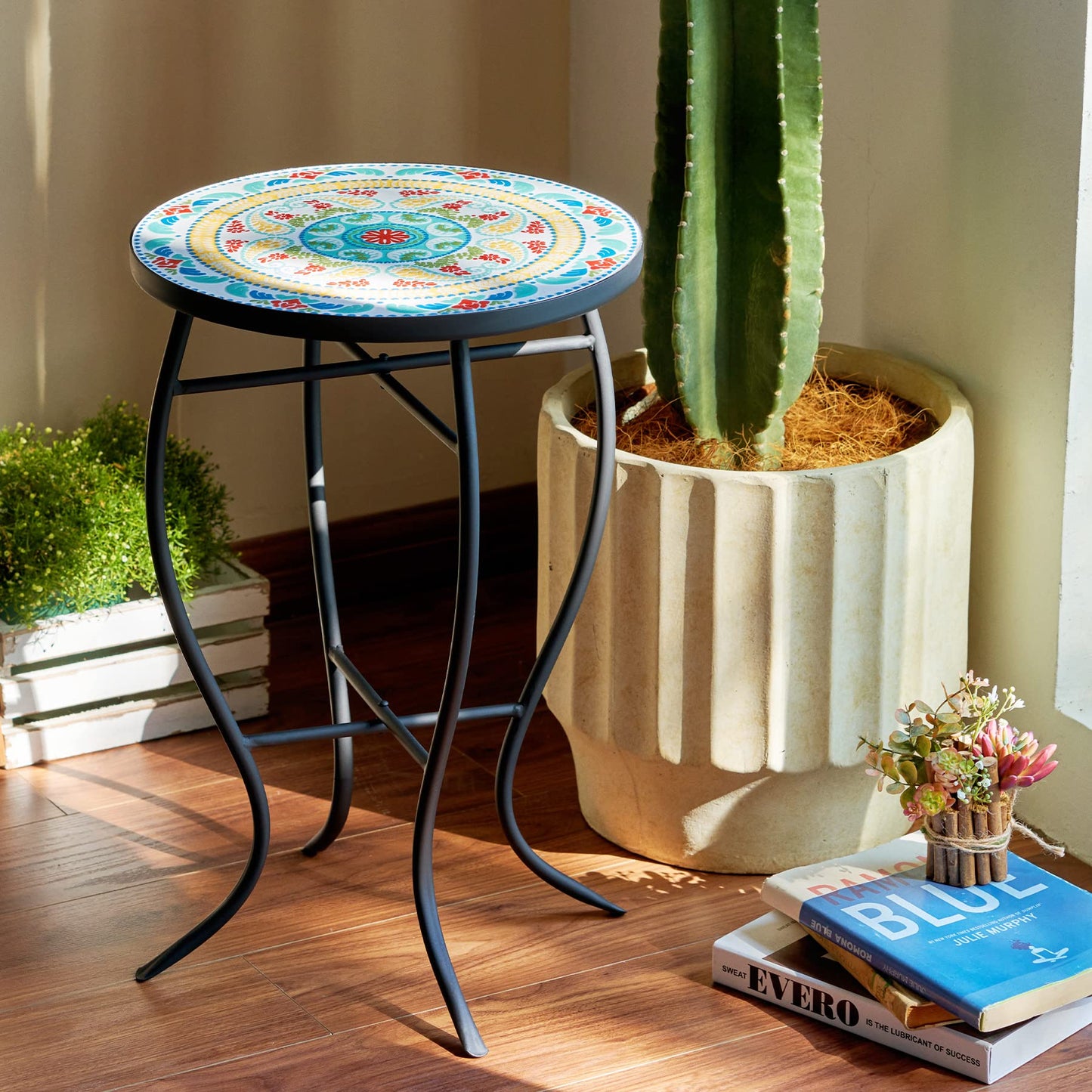 VONLUCE 21" Mosaic Plant Stand, 14 Inch Round Side Table with Ceramic Tile Top, Indoor and Outdoor Accent Table, Outdoor Patio Furniture, End Table for Garden Patio Living Room More, Floral