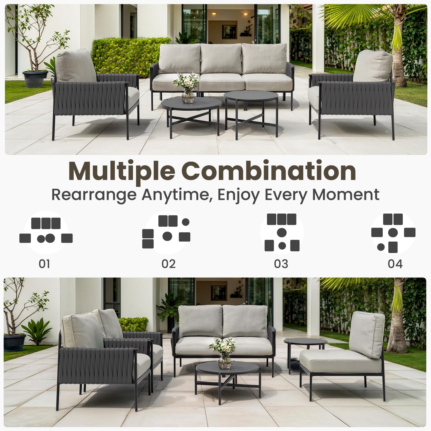 Pamapic 7-Piece Woven Rope Outdoor Furniture Set, Iron Frame Patio Conversation Set with Thick Cushions & 2 Coffee Tables, All-Weather Sectional Patio Furniture Set for Backyard, Porch, Grey
