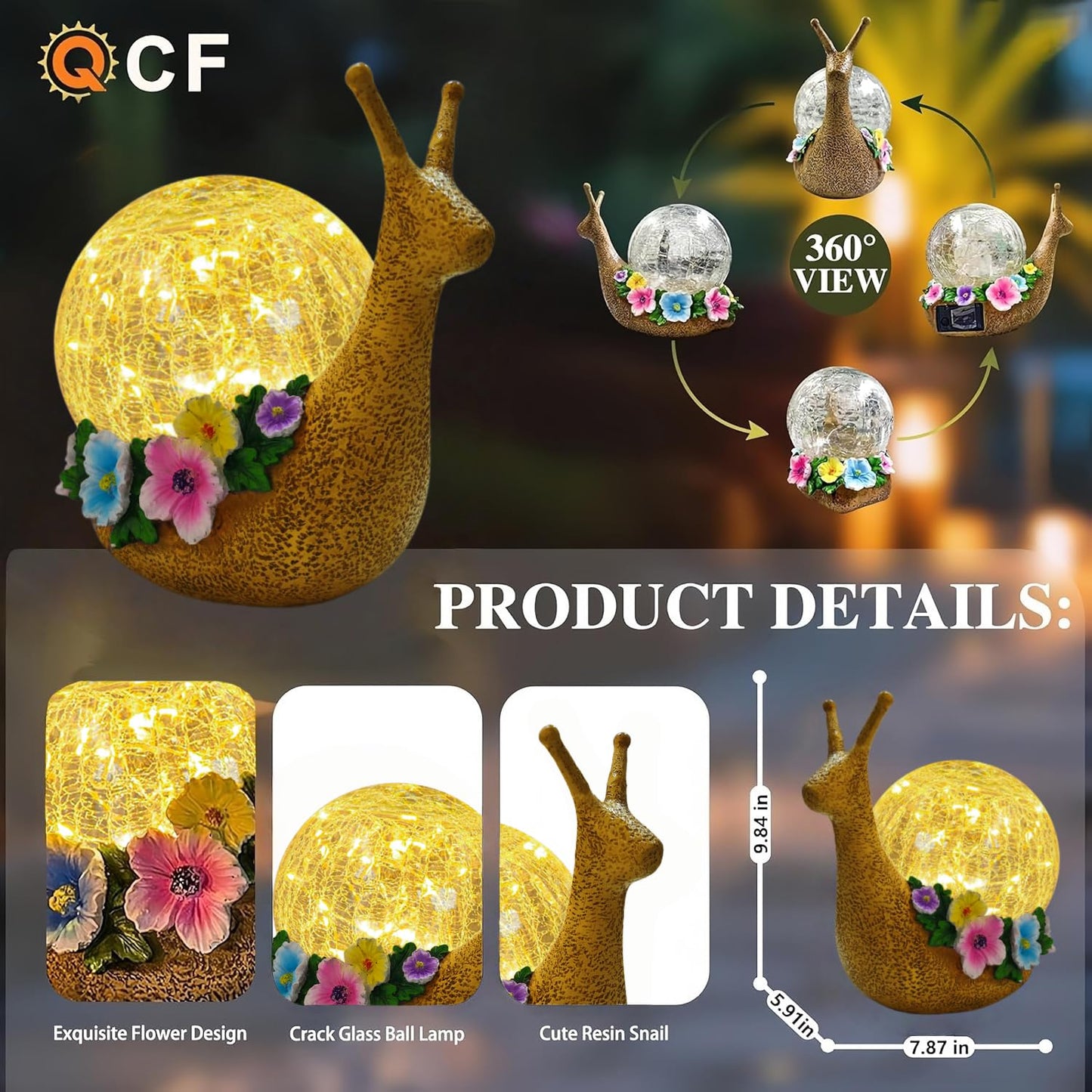 QCF Solar Snail Garden Decorations Outdoor Lights Yard Decor,Resin Fariy Statues Cracked Glass lamp Outside for Backyard Patio Lawn Porch,Unique Gifts for Women Mom Grandma