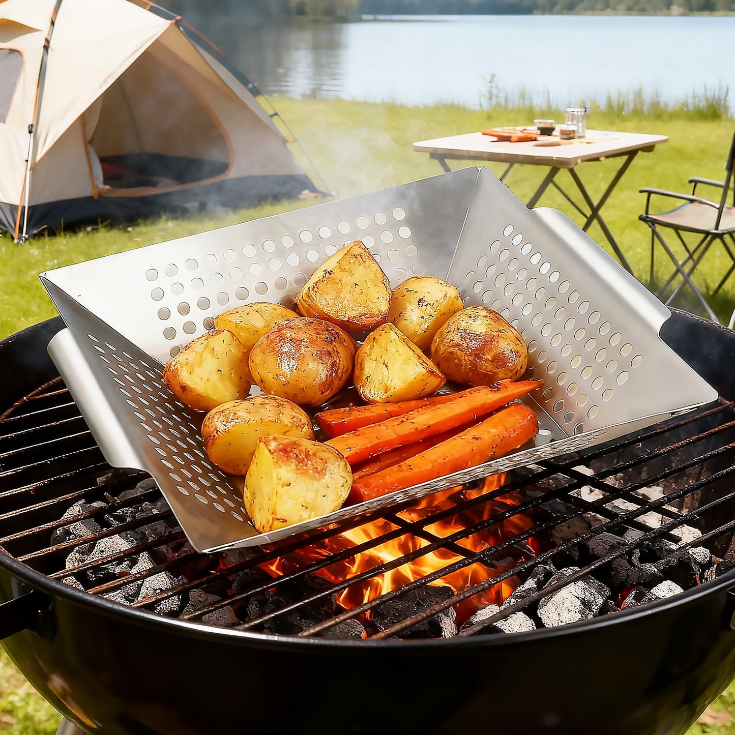 Anveena Grill Baskets 1 Pack Stainless Steel Grilling Basket for Indoor and Outdoor Use, Heavy Duty Vegetables Grill Basket for Veggies and Kabob, Suitable for All Grills, Dishwasher Safe