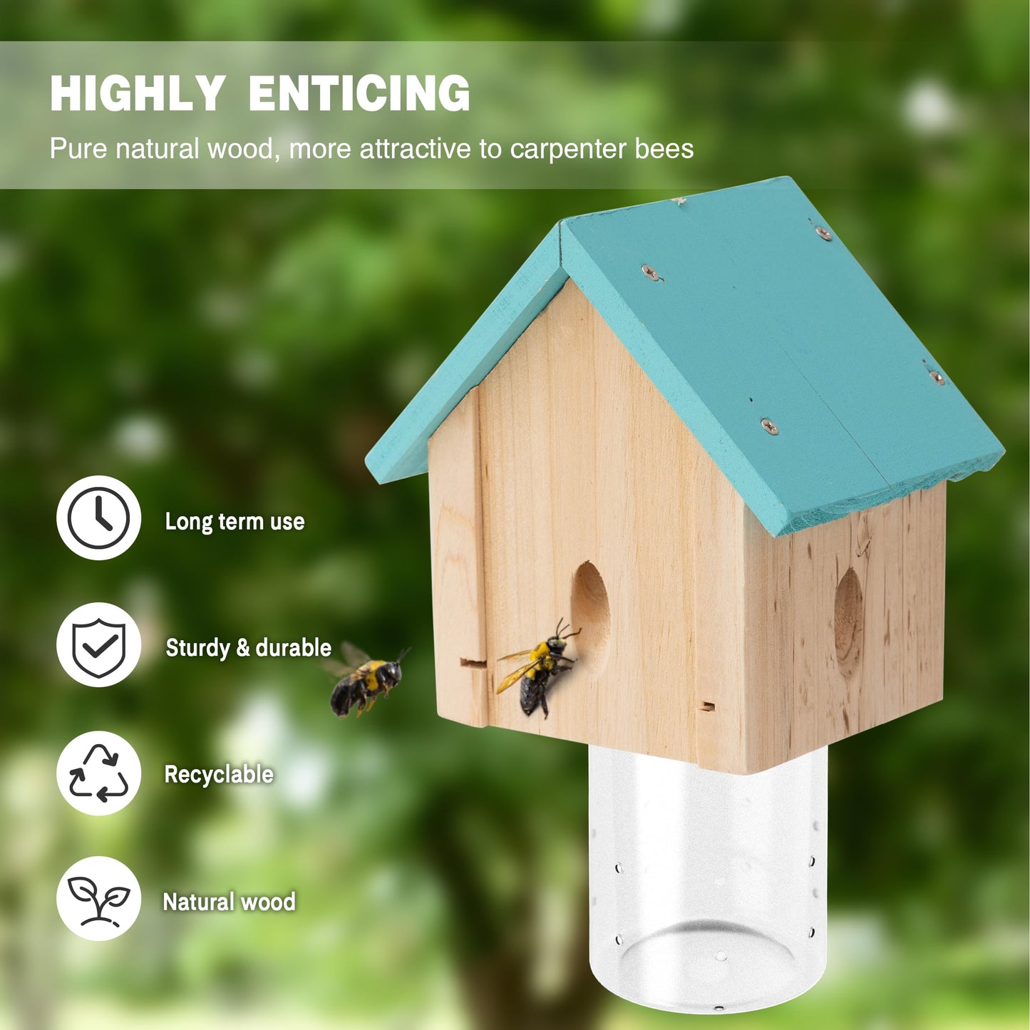 Carpenter Bee Trap for Outside - Best Bee Trap - Blue Cabin Style Nature Hanging Wood Carpenter Bee Traps Outdoor - Insect Traps with Removable Vault (1 Pack)