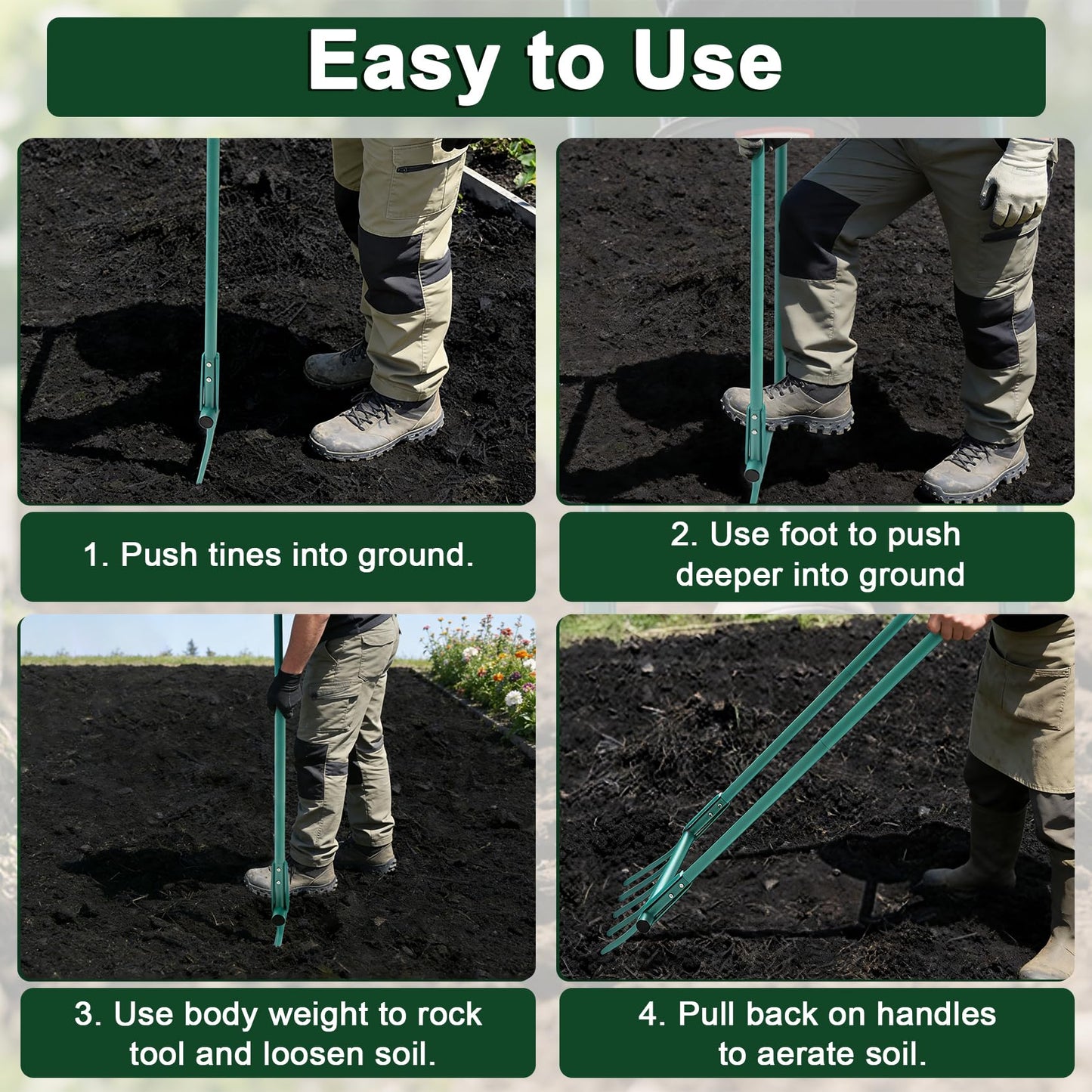 Broad Fork Garden Tool - 5 Tines Heavy Duty Broadfork for Digging, Cultivating & Loosening Soil, Ergonomic U-Shaped Design Hand Tiller for Gardening & Farming