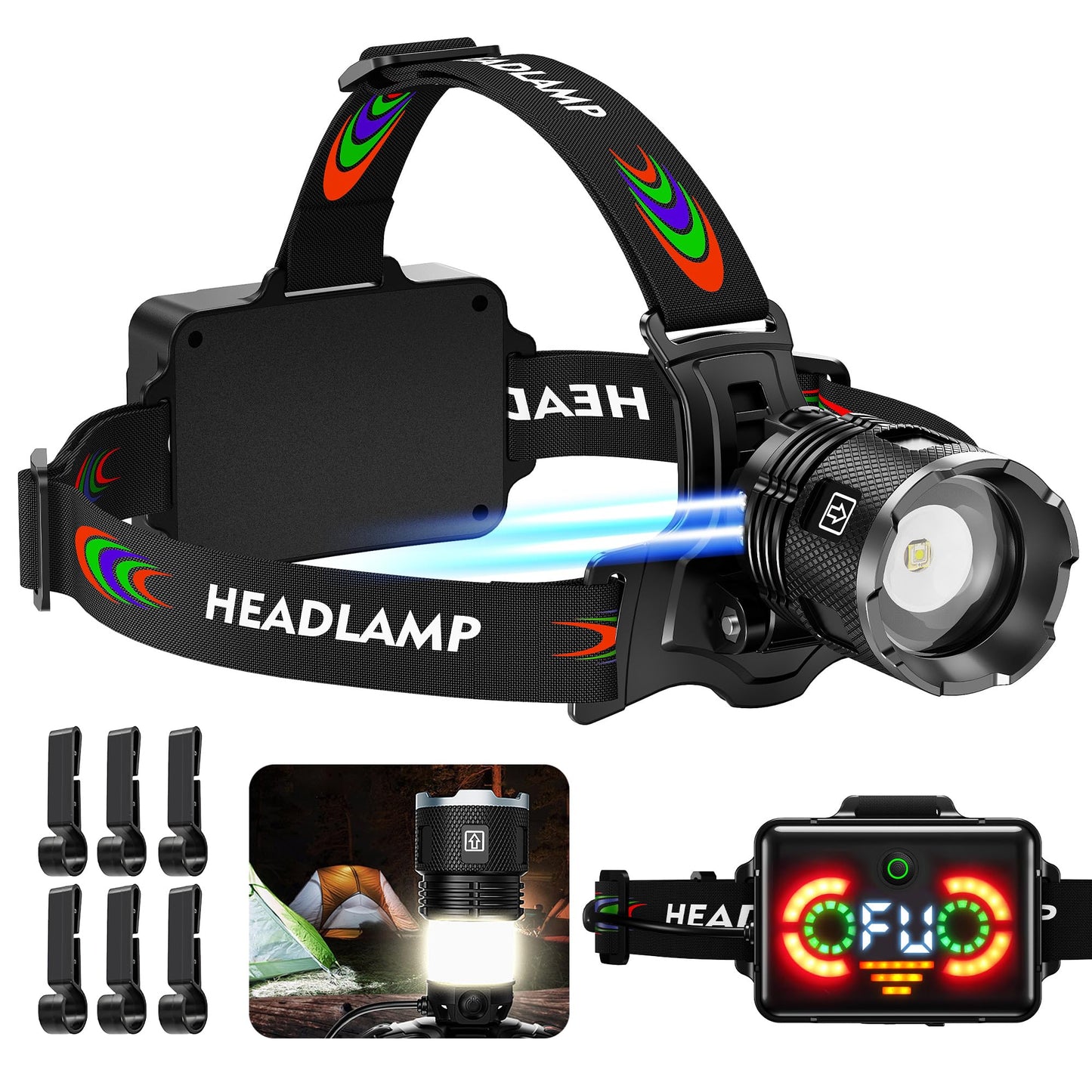 FixLiburt 220000 Bright Camping Headlamp Function 17 Modes Motion Sensor Adjustable Focus, More Than 95H Standby IP65 Waterproof, 125°Angle Head Lamp for Fishing Hiking Bike Hardhat