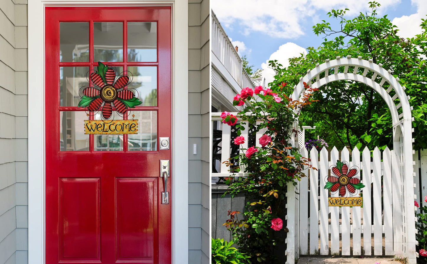 Metal Welcome Sign for Front Door - Decorative Flower Hanging Plaque Spring Wreaths Wall Art - Farmhouse Patio Garden Outdoor Decorations (Red, B)