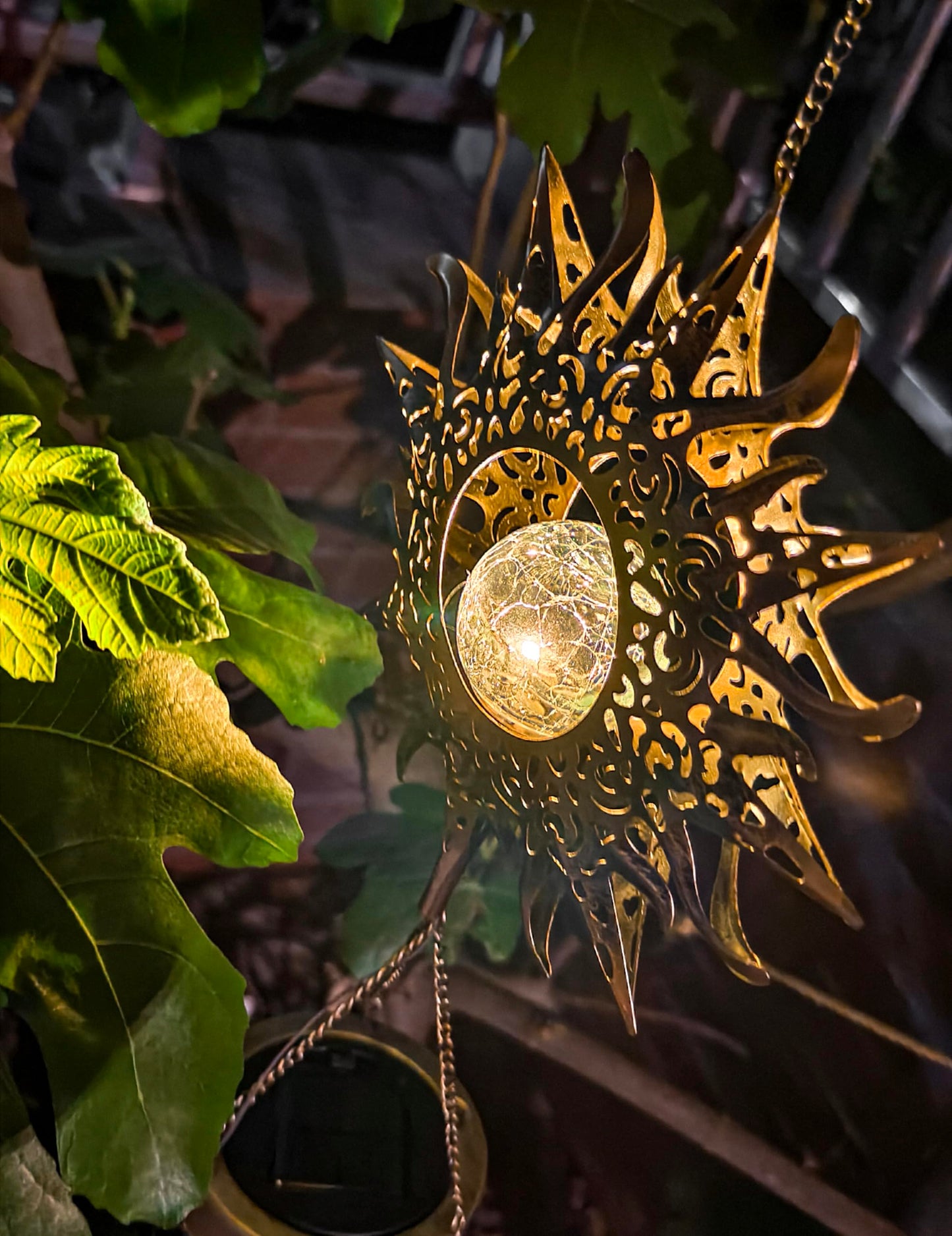 Yonxuleo Sun Solar Wind Chimes for Outside Lights Prefert Gifts for Mom Wife Unique Crackle Glass LED Warm Light Outdoor Hanging Decor Windchimes for Garden Yard Patio Christmas Birthday Mothers Day