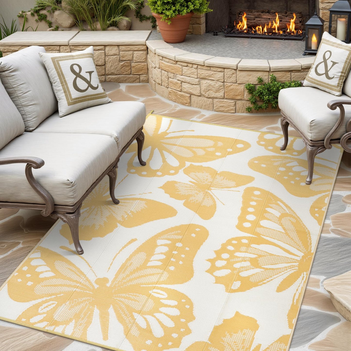Uphome Outdoor Rug Waterproof 6x9 ft, Patio Plastic Straw Rugs for RV Camping, Reversible Butterfly Mat Outside, Indoor Outdoor Floor Carpet for Back Yard Deck Balcony Porch Beach Picnic, Yellow