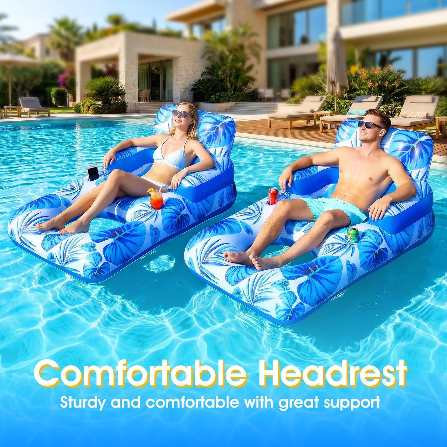 Shinepool Pool Floats Adult, 65" Thicken PVC Inflatable Pool Chair Lounger Rafts with Cup & Phone Holder & Headrest Backrest Footrest, Comfort Pool Floaties for Adults Lake Beach Party Outdoor (1PC)
