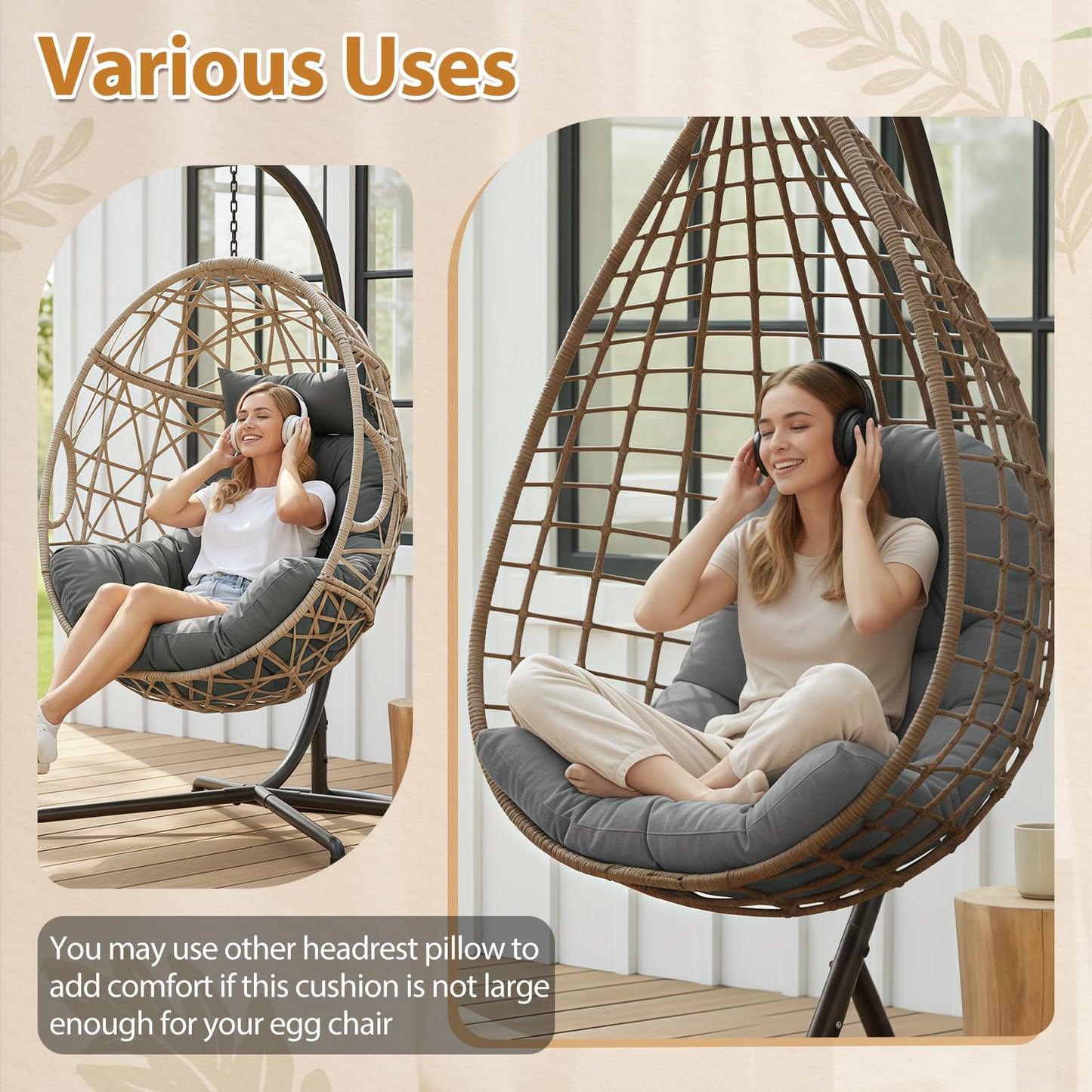 1 MIDDLE ONE Egg Chair Cushion, Indoor Outdoor Hanging Egg Chair Cushions Replacement, Memory Foam Patio Wicker Basket Swing Chair Cushion (Grey, 47 x 33 inch)