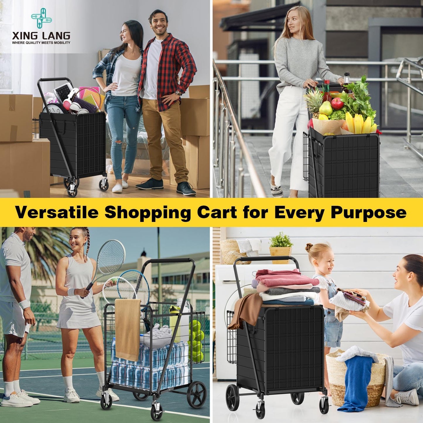 XING LANG 5.0 Cu Ft Folding Shopping Cart - 480 LB Capacity Grocery Cart with 360° Braked Swivel Wheels - Heavy Duty Utility Cart with Double Basket & Removable Waterproof Liner with Lid for Laundry