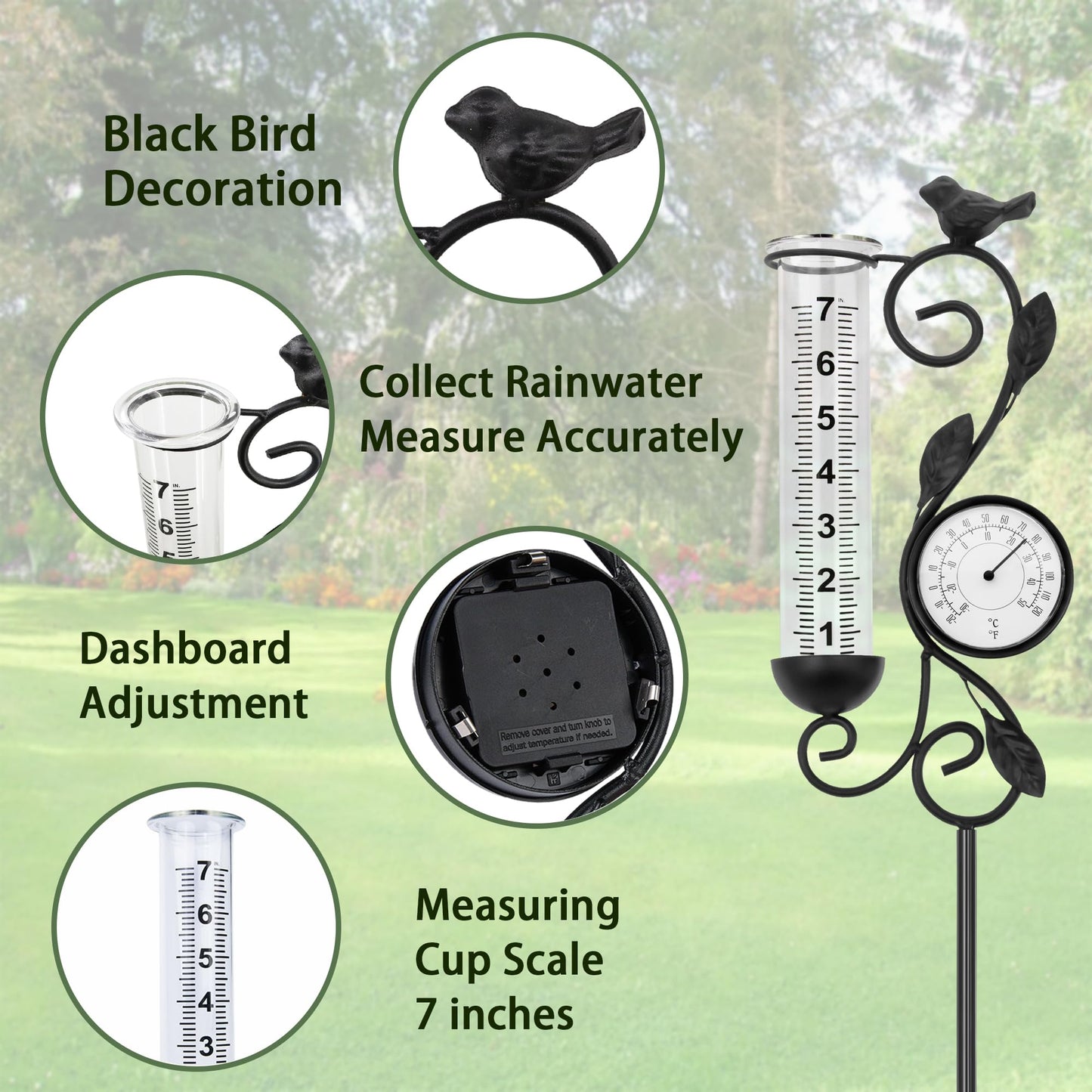 32" Garden Rain Gauge with Thermometer - 7" Glass Tube for Outdoor Indoor Use, Patio Yard Decor Statue