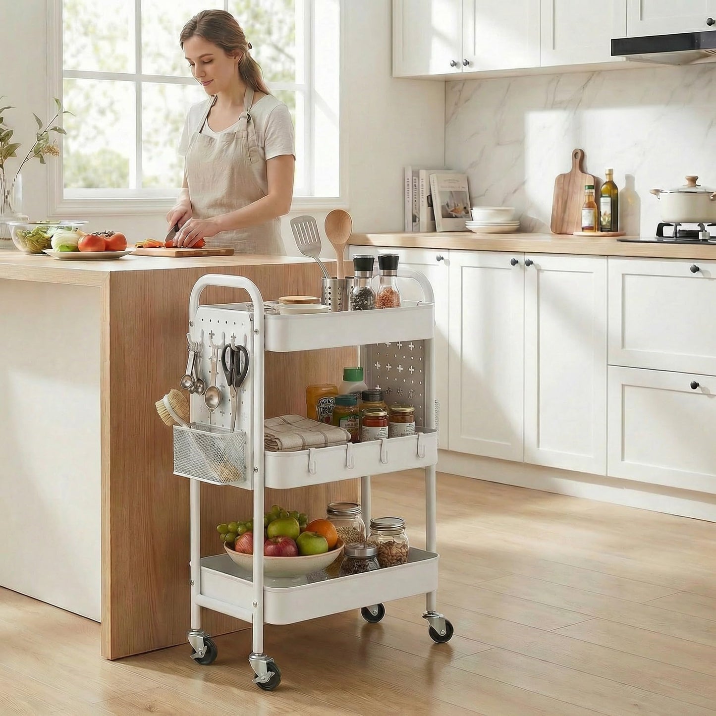 YanKiTour 3 Tier Rolling Cart with DIY Pegboards & Mop Holder, Metal Utility Cart with Wheels, Hooks and Bins, Storage Organizer for Bathroom, Laundry, Kitchen, Office, Craft Room (White)