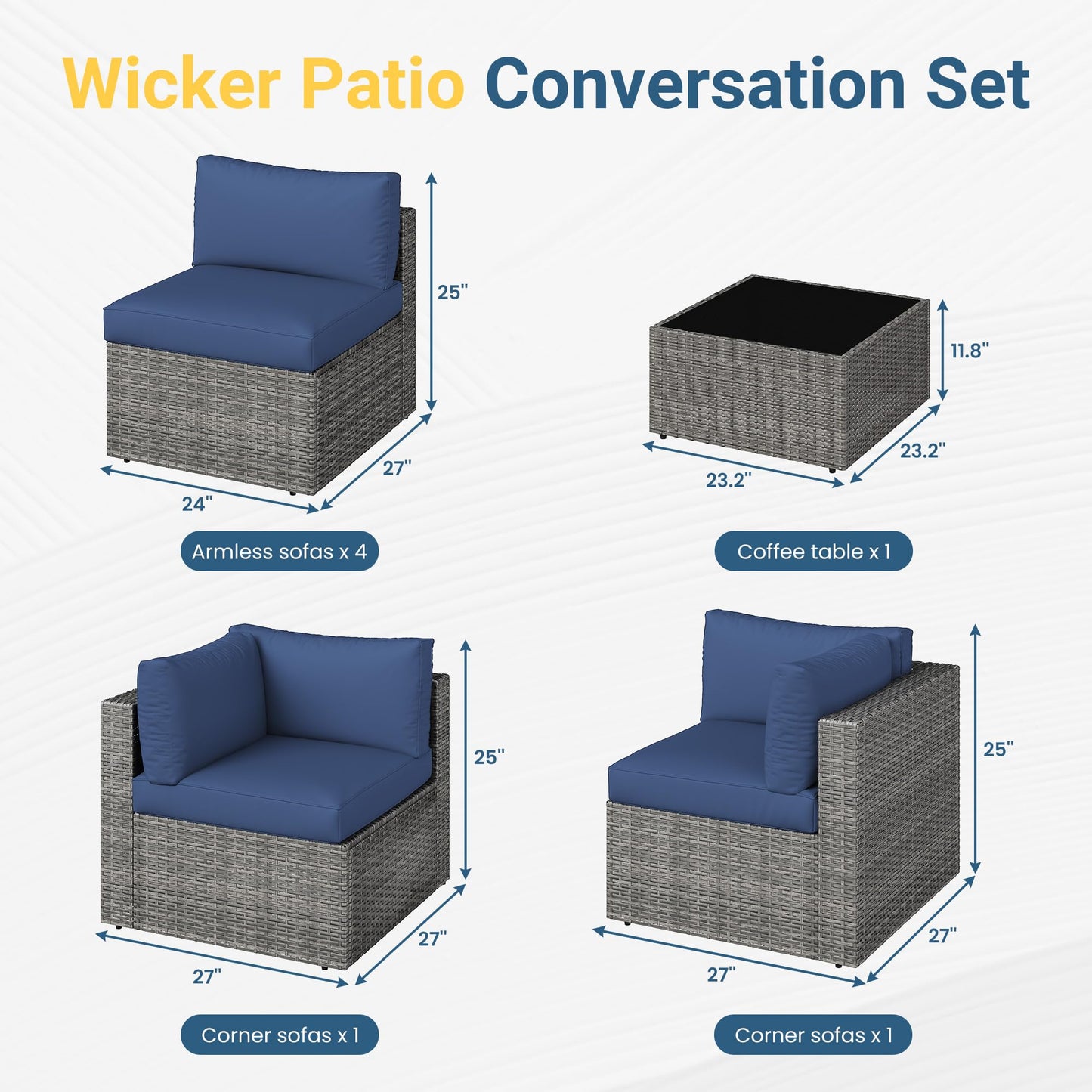 Wisteria Lane 7 Pieces Outdoor Patio Furniture Set, Wicker Outdoor Patio Sectional Sofas with Coffee Table, All-Weather Patio Conversation Set for Backyard Garden, Navy Blue